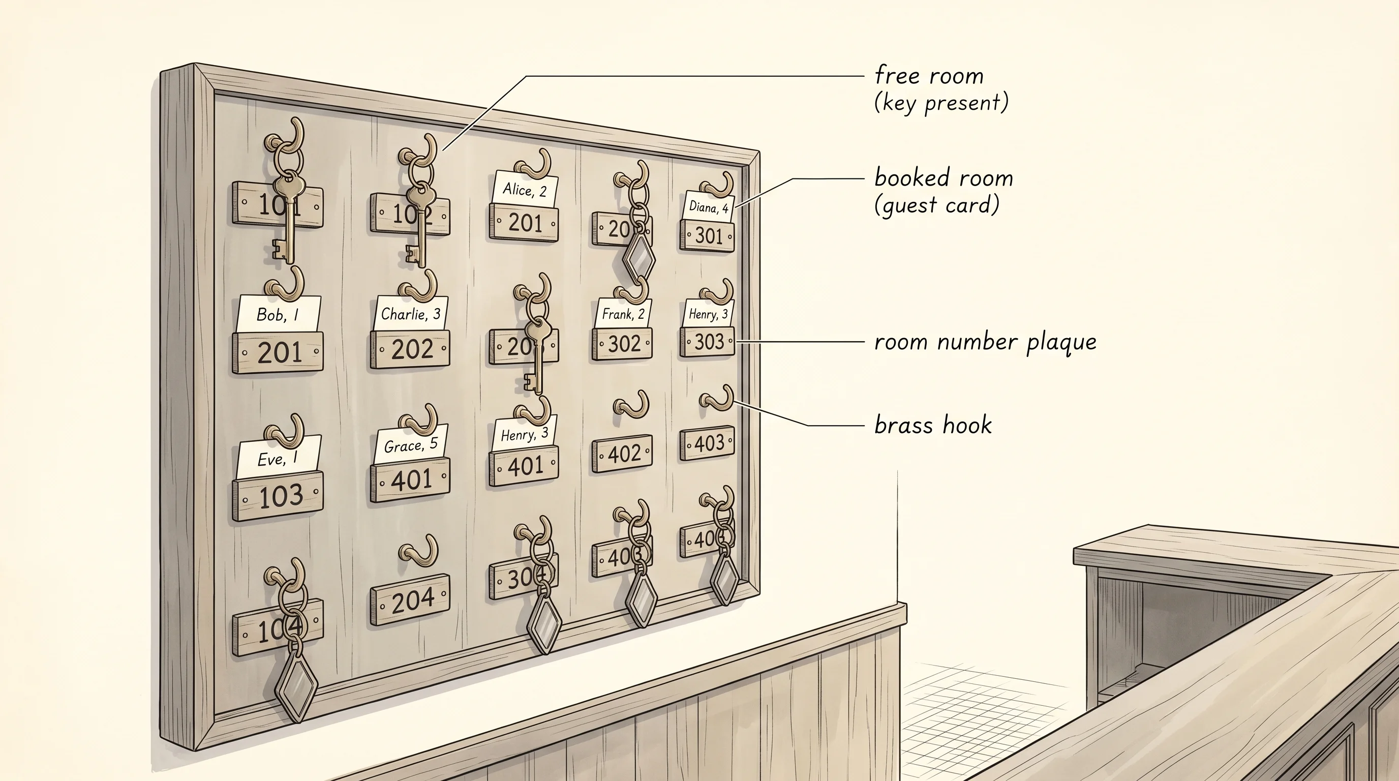 A hotel front desk key board with one hook per room, some keys still hanging and some replaced by guest cards.
