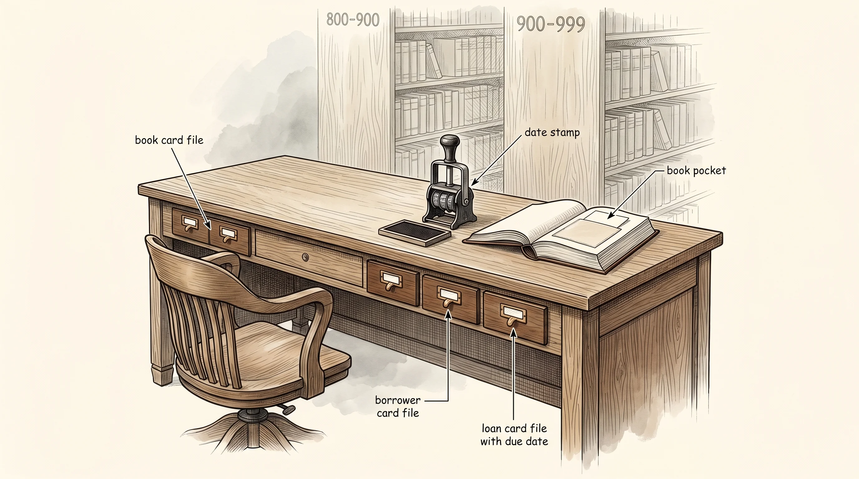 A late-19th-century library circulation desk with the three card files Dewey introduced.