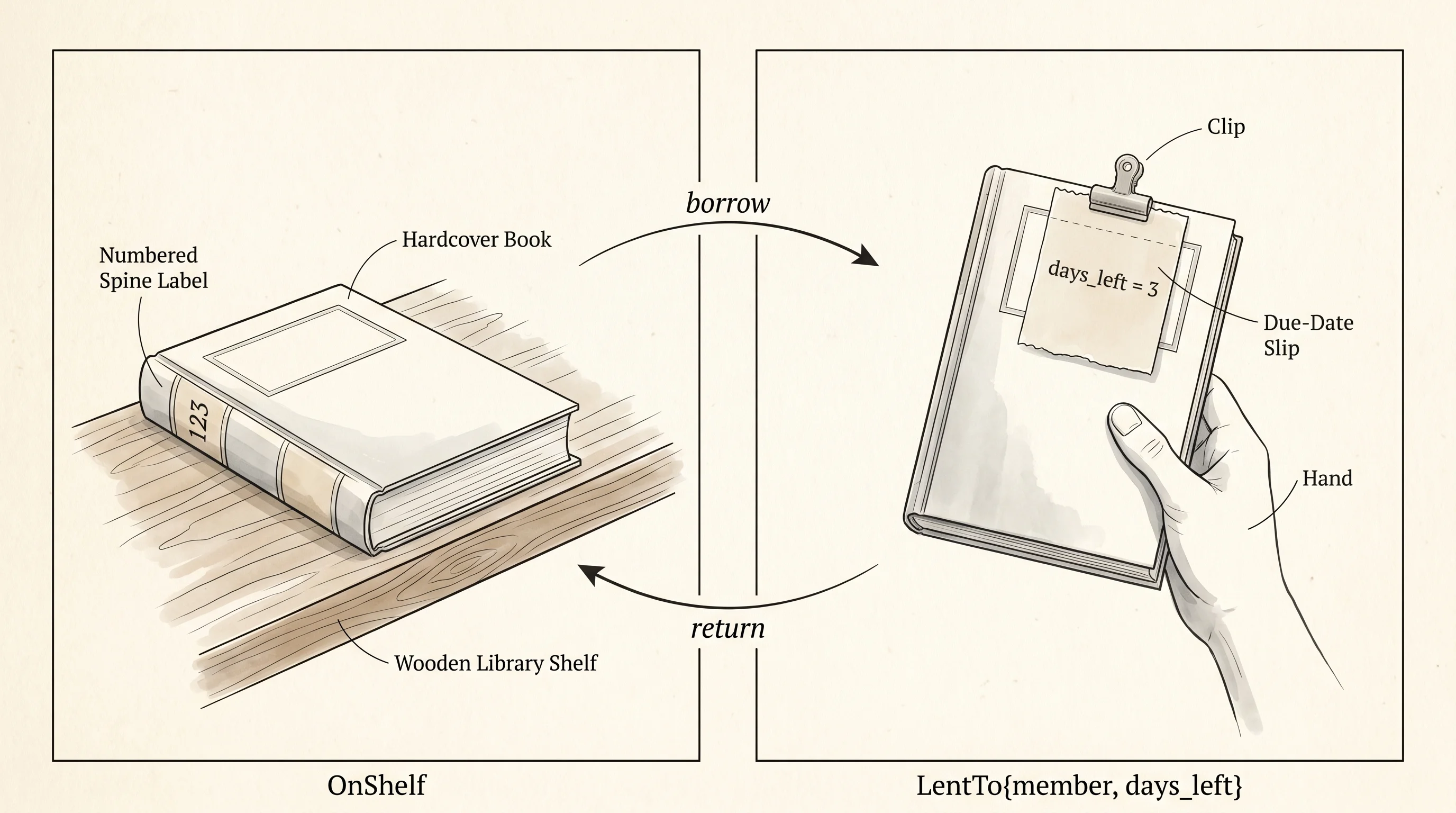A single book copy and its state — either on the shelf or lent with a due date.