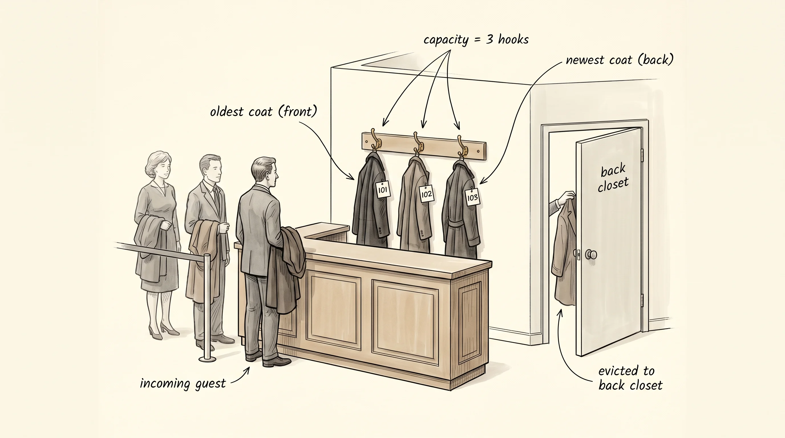 A restaurant coat-check counter with a 3-hook capacity, the LRU cache made physical.