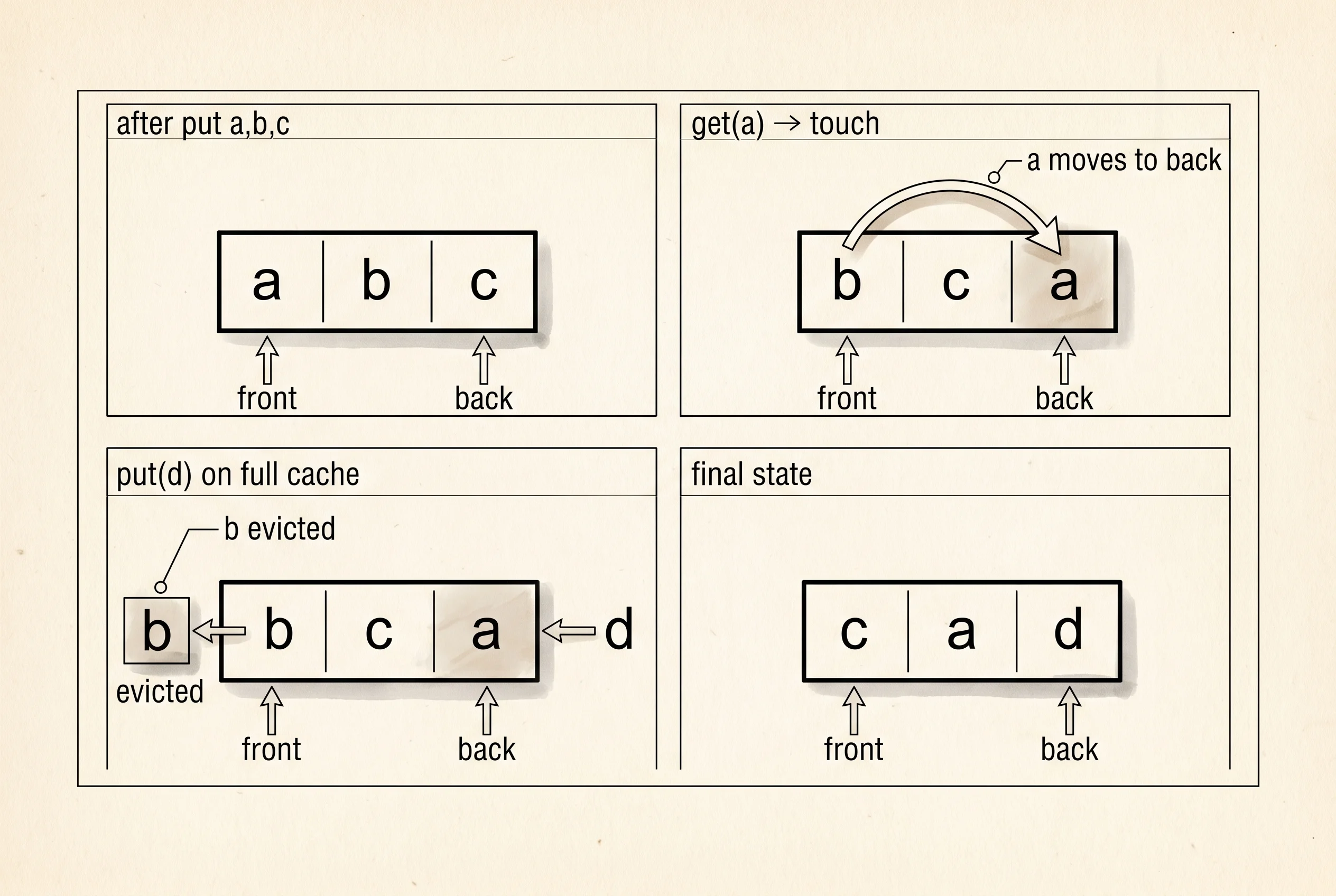 A 4-panel trace of the eviction: get(a) bumps a to the back, then put(d) evicts b.