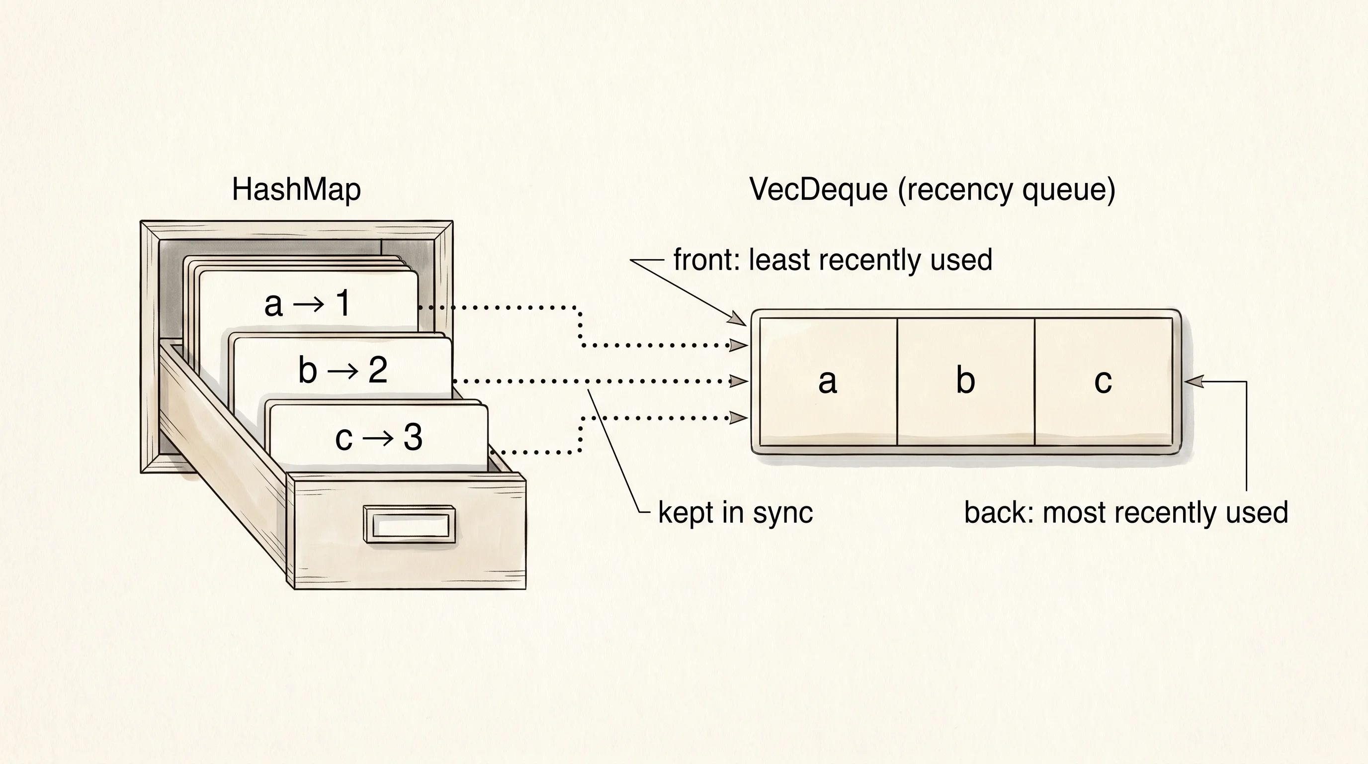 The HashMap and VecDeque working in lockstep — keys live in both, the queue tracks order.