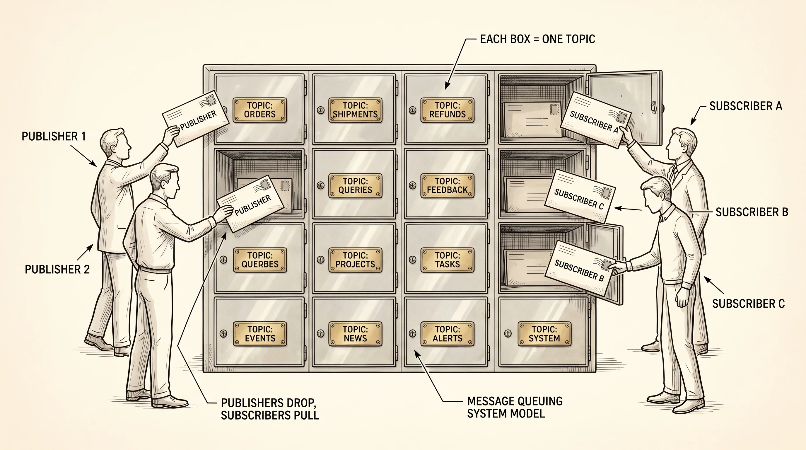 A pub/sub broker is a wall of labeled mailboxes: publishers drop letters in, subscribers pull from the boxes they care about.