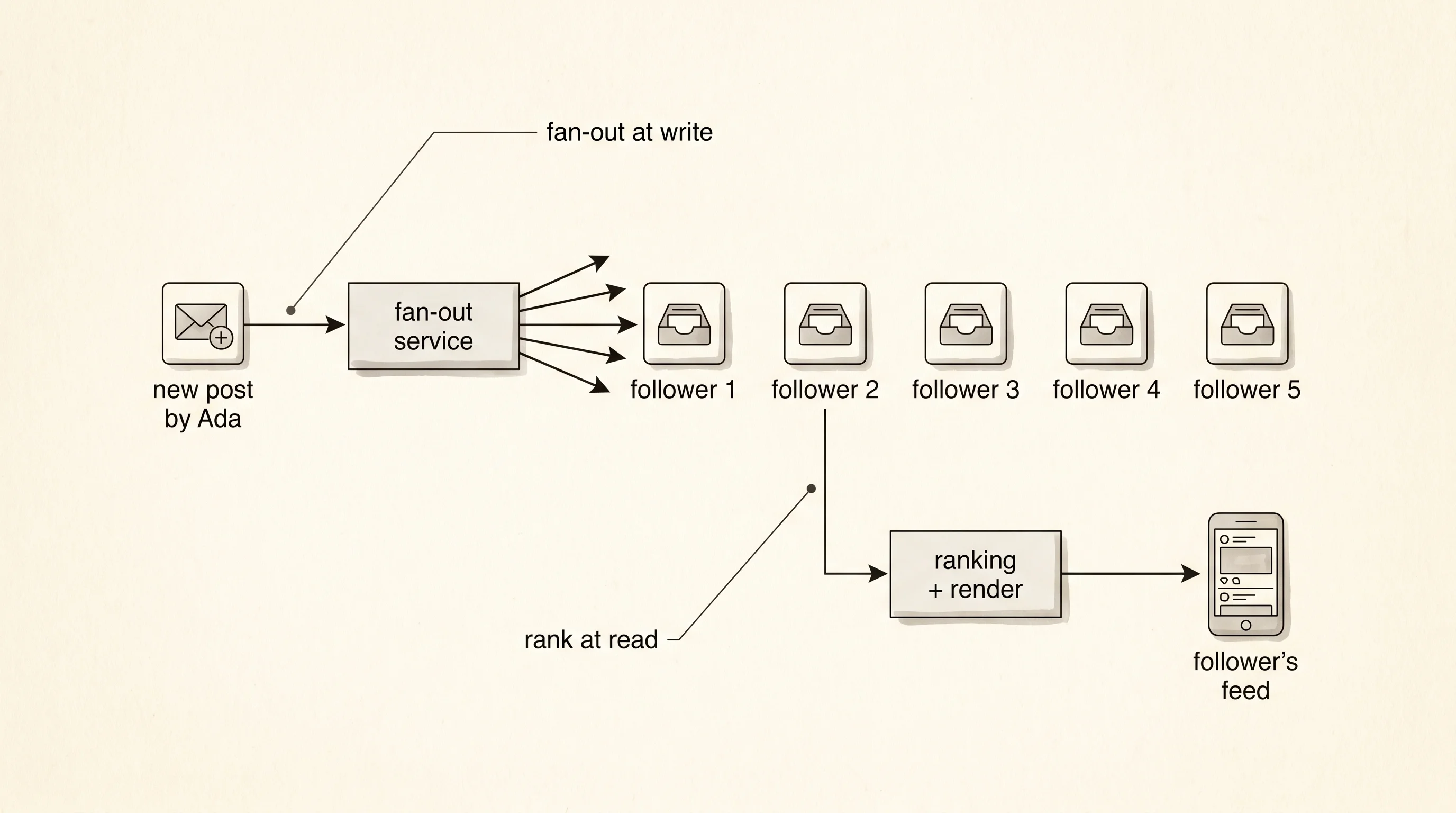 The feed is a fan-out pipeline: new post -> followers' inboxes, ranked at read time.