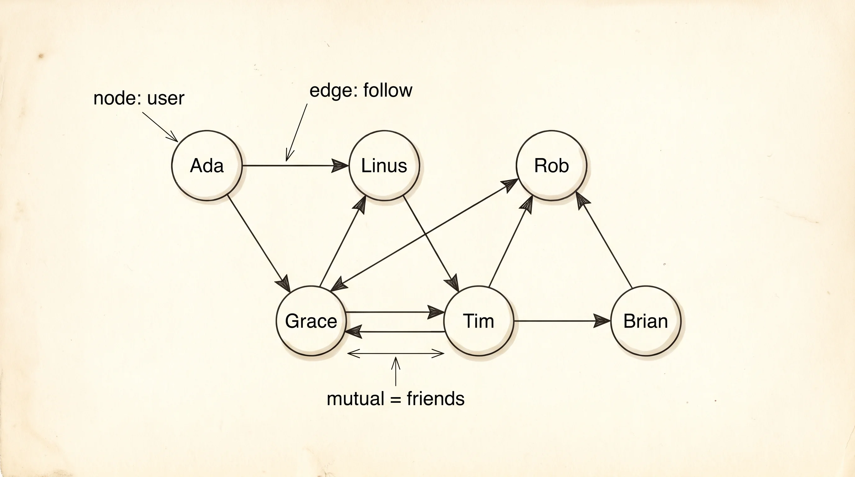 Friendships form a graph: users are nodes, edges record who follows whom.