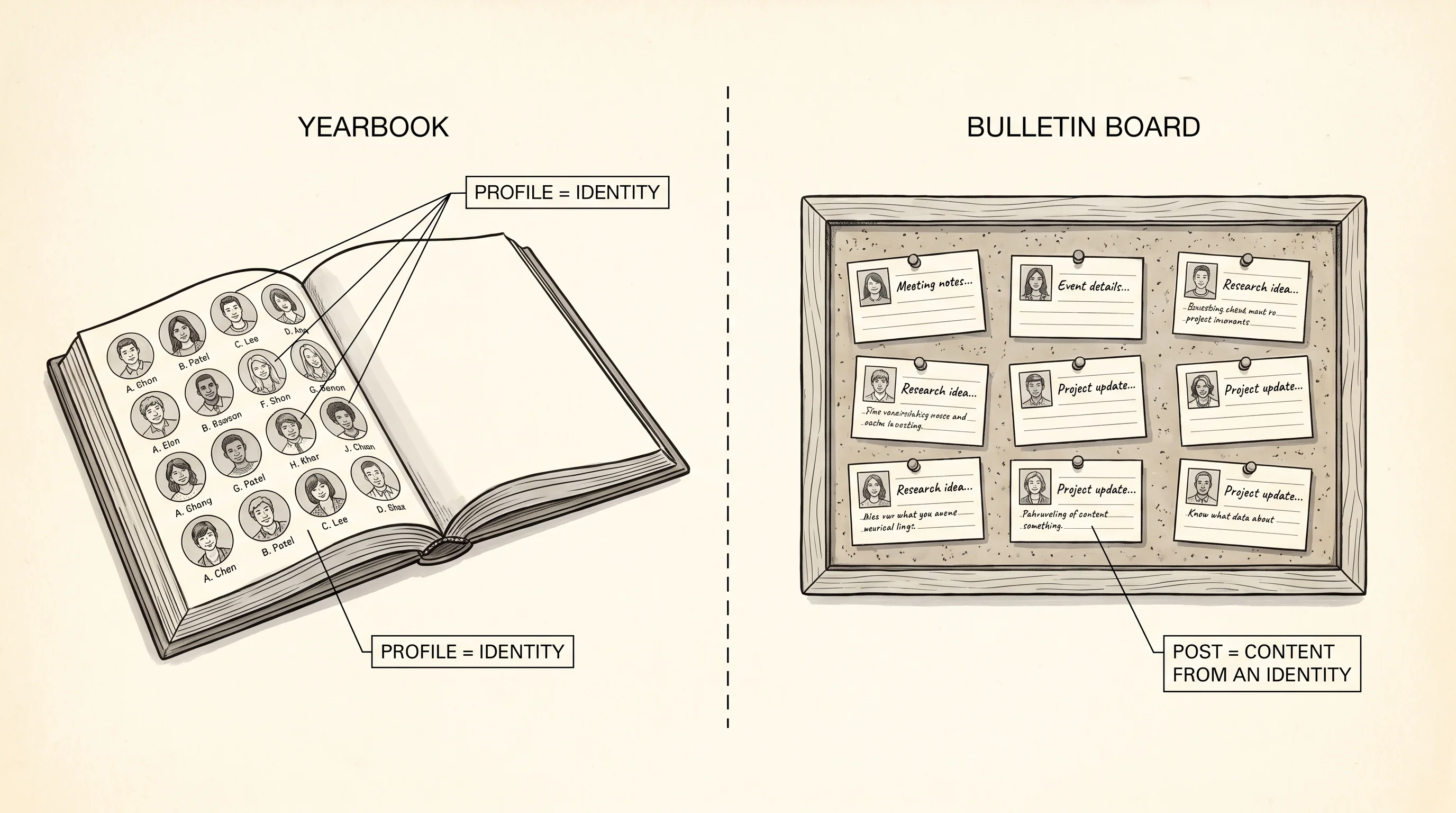 A social network is half yearbook (the profiles) and half bulletin board (the posts).