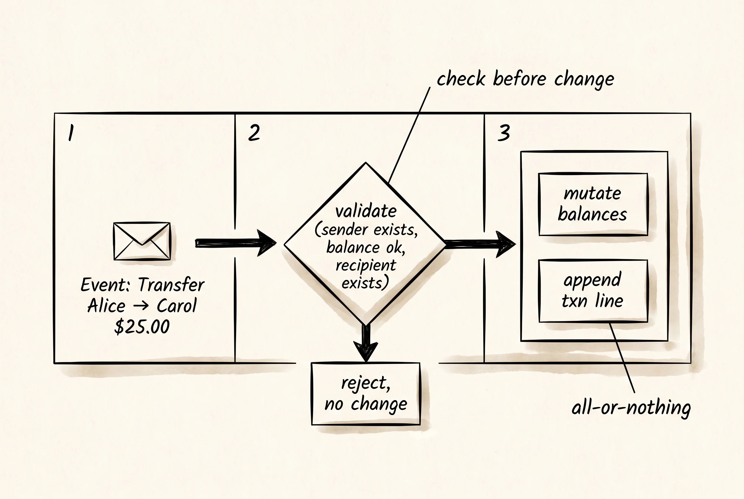 An event flowing through validate, mutate, and append-to-log stages.