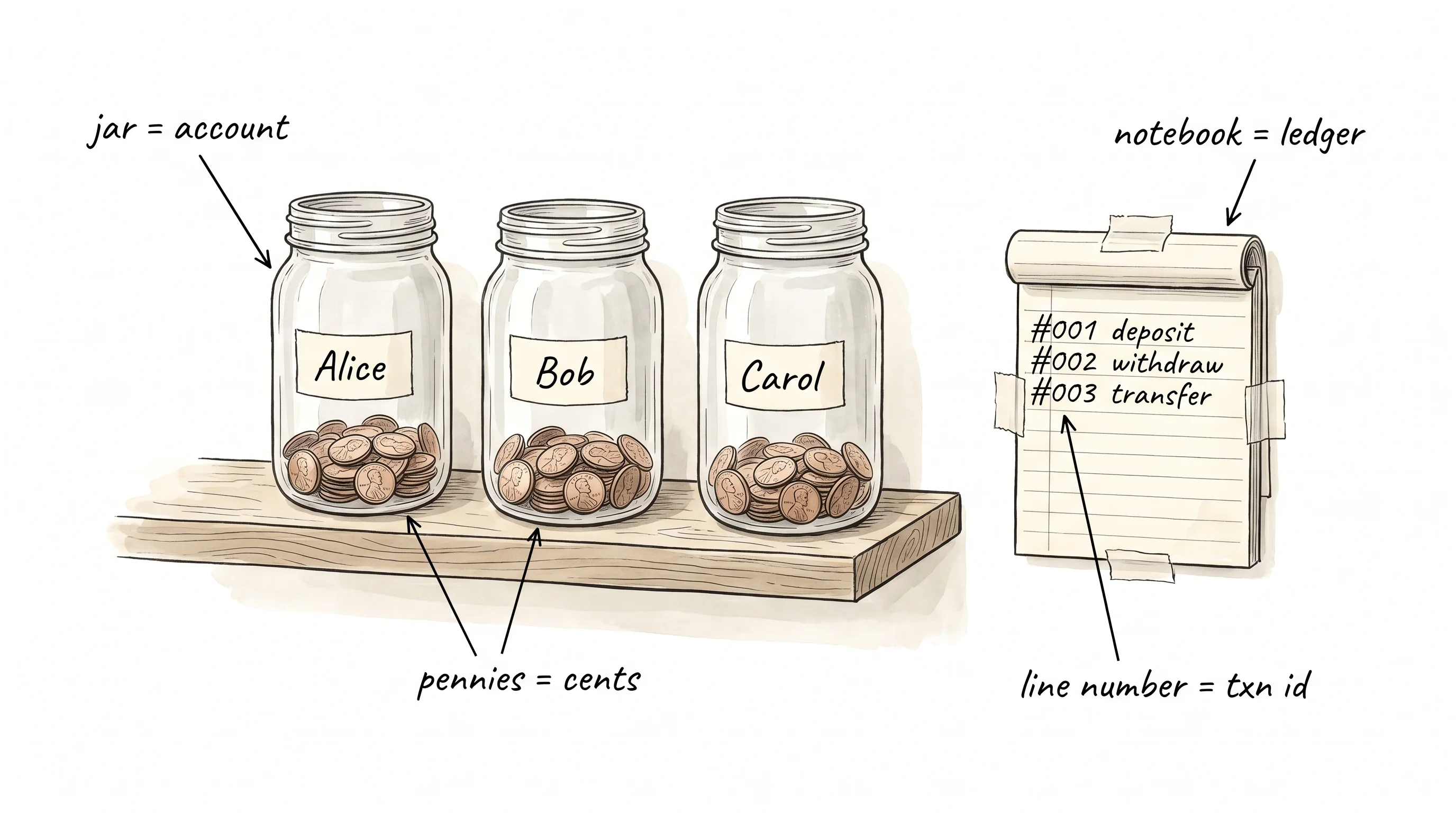 Three labeled jars on a wooden shelf next to a numbered notebook of transactions.