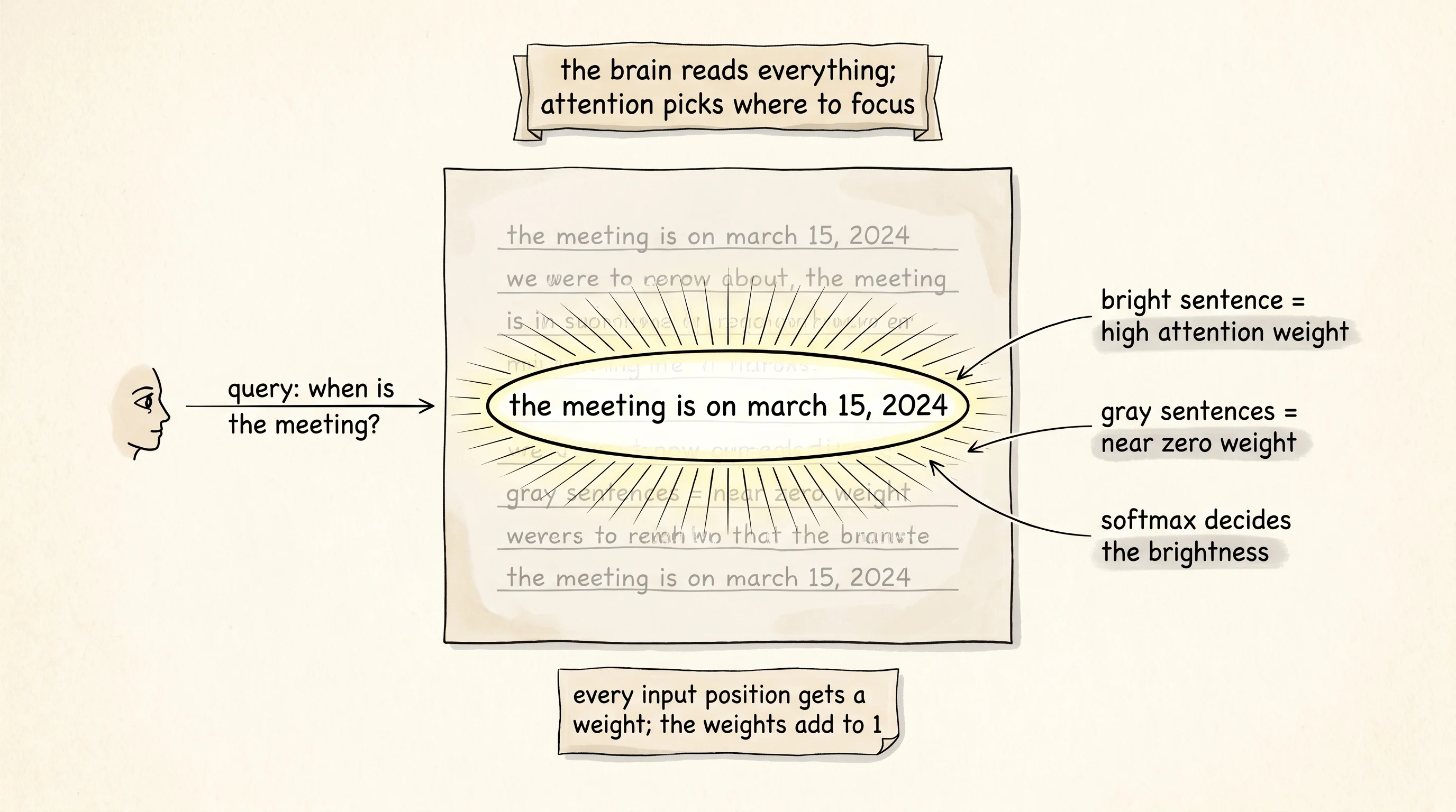 A reader skims a long letter for one fact. The eyes land on the sentence that holds the answer; the rest of the page goes dim. Attention is the brain's spotlight on the input.
