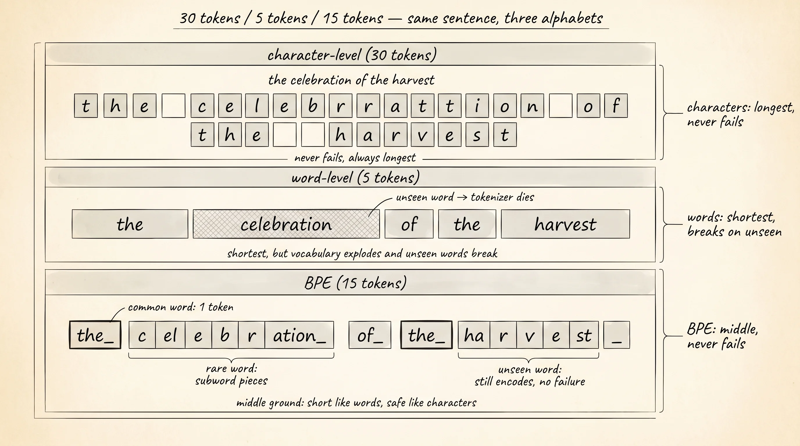 The same sentence tokenized three ways. Character-level uses 30 tokens and never fails. Word-level uses 5 tokens but breaks on any unseen word. BPE uses 15 tokens and handles every input by reaching for subword pieces.