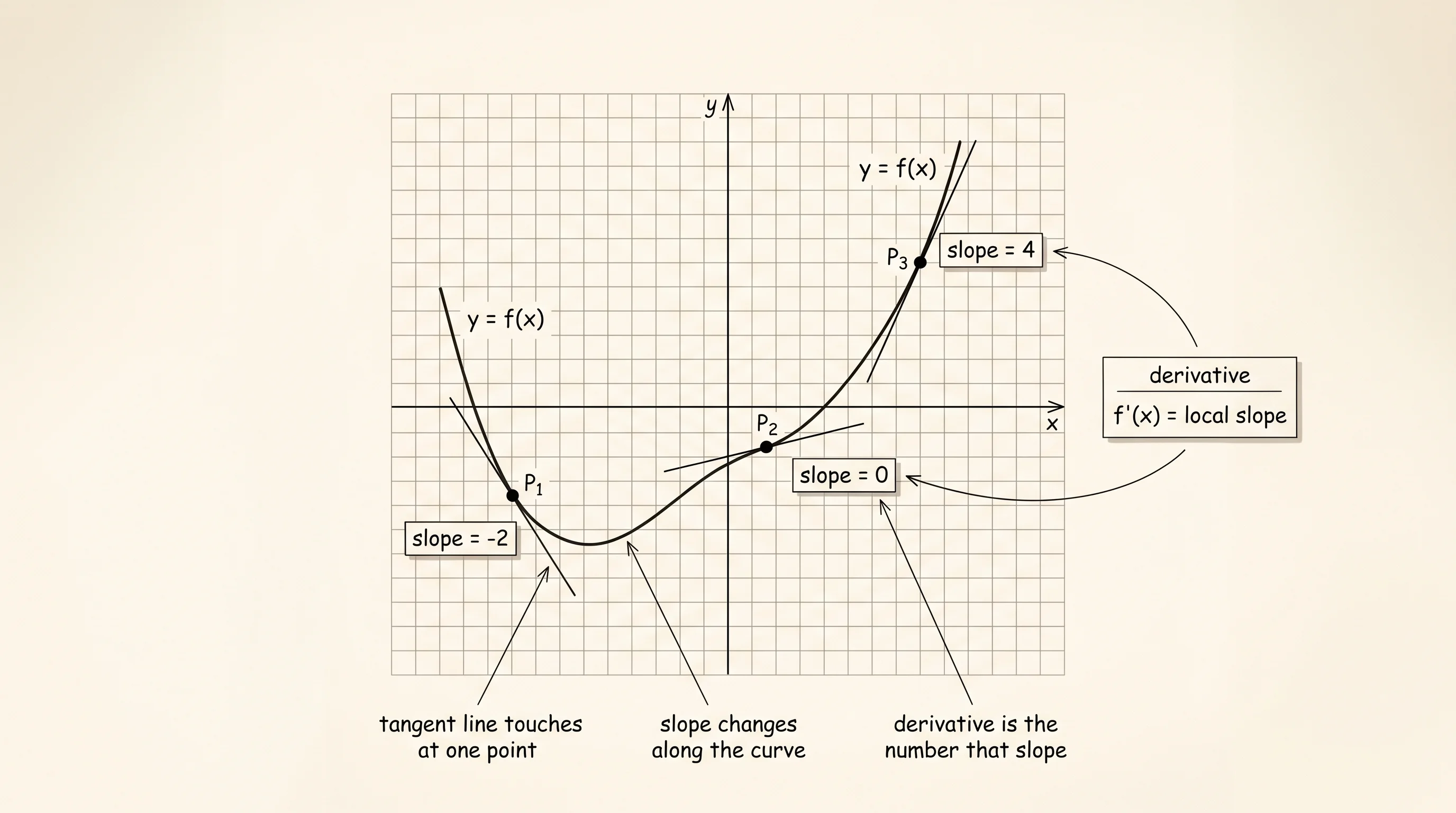 One smooth curve, three sample points, three tangent lines — the slope of each line is the derivative at that point.