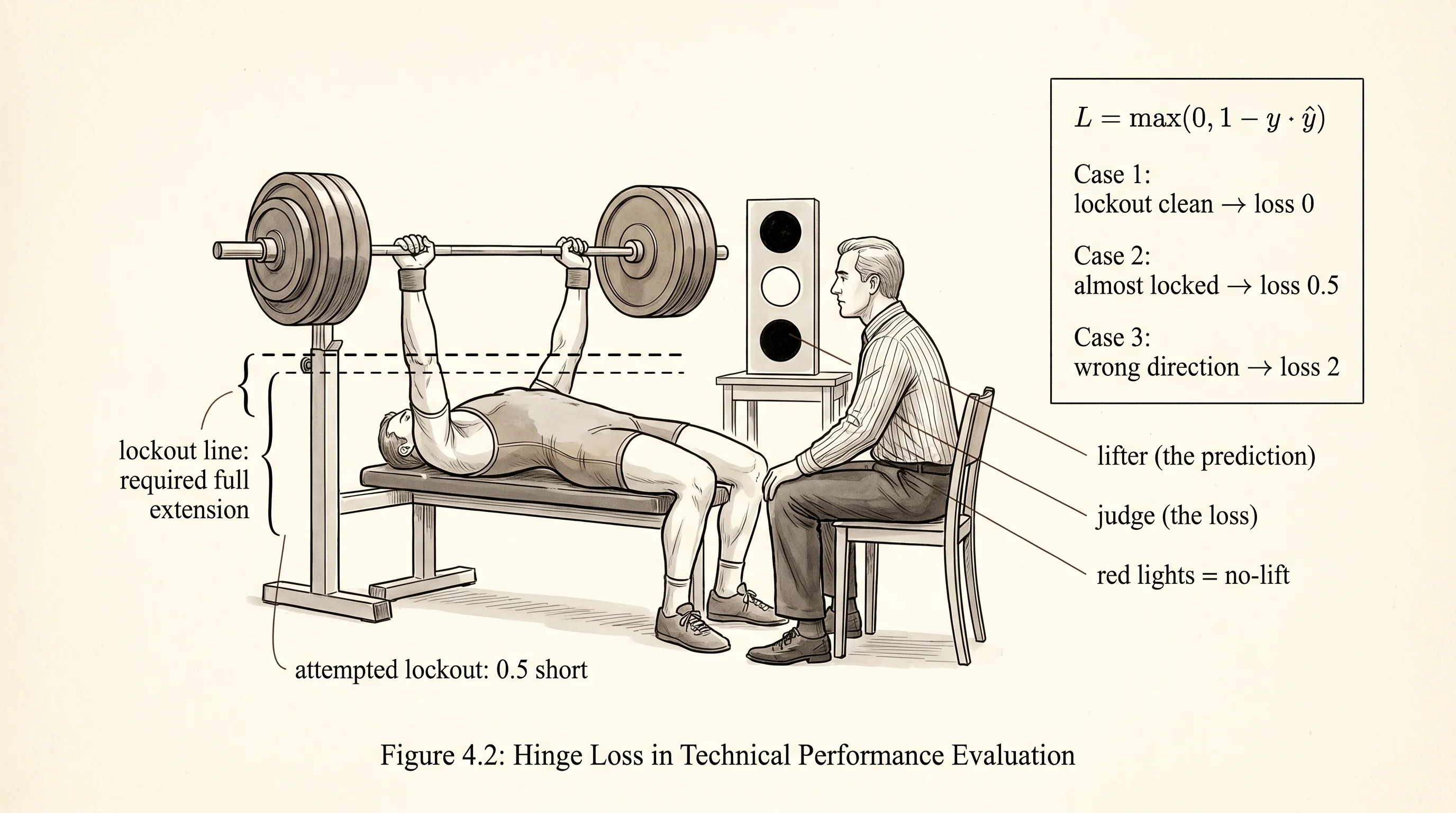 A powerlifting bench press at the moment of judging: a barely-locked rep is a no-lift, the same way a barely-correct prediction is a hinge-loss penalty.