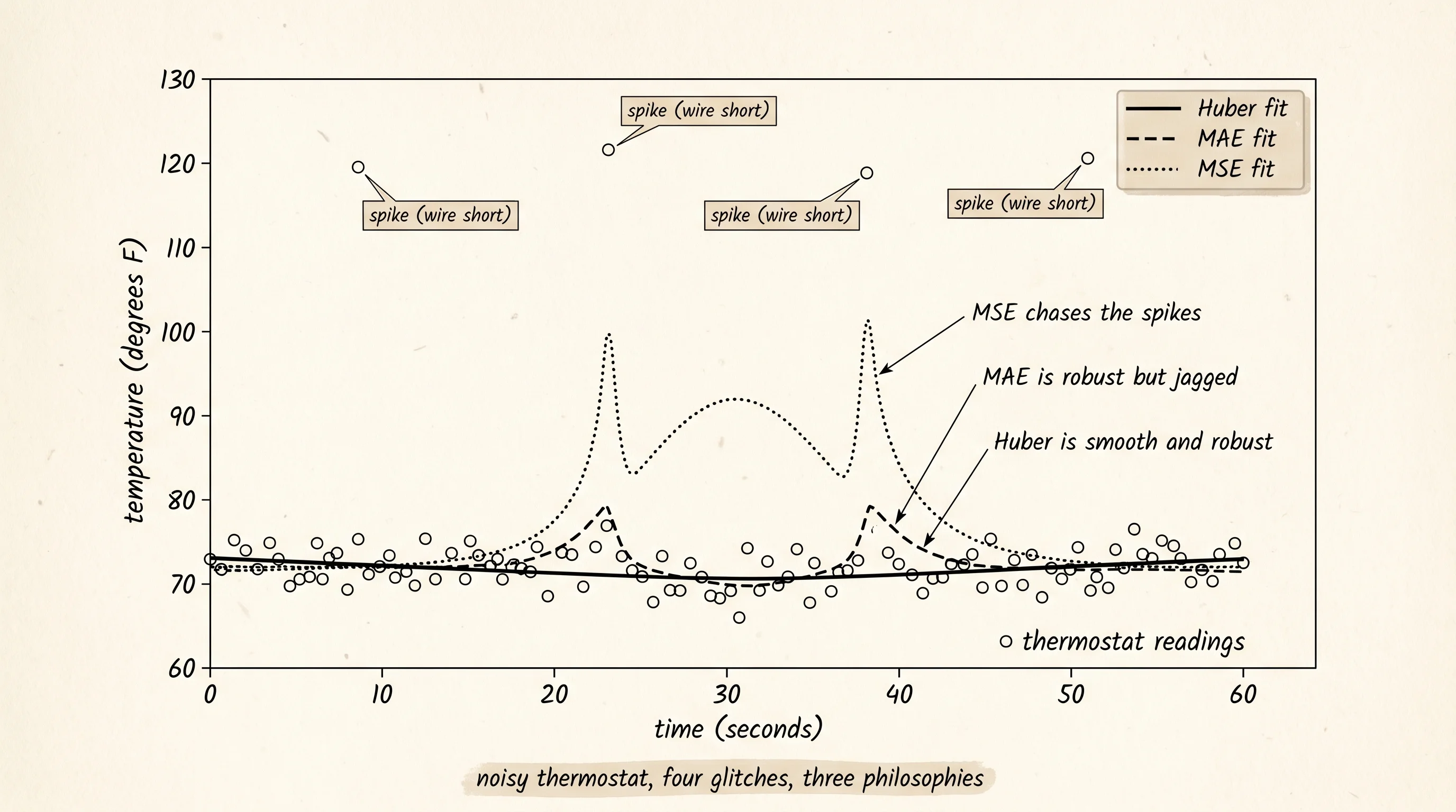Same noisy thermostat readings, three fits: MSE bends toward each spike, MAE wobbles between them, Huber holds the true curve.