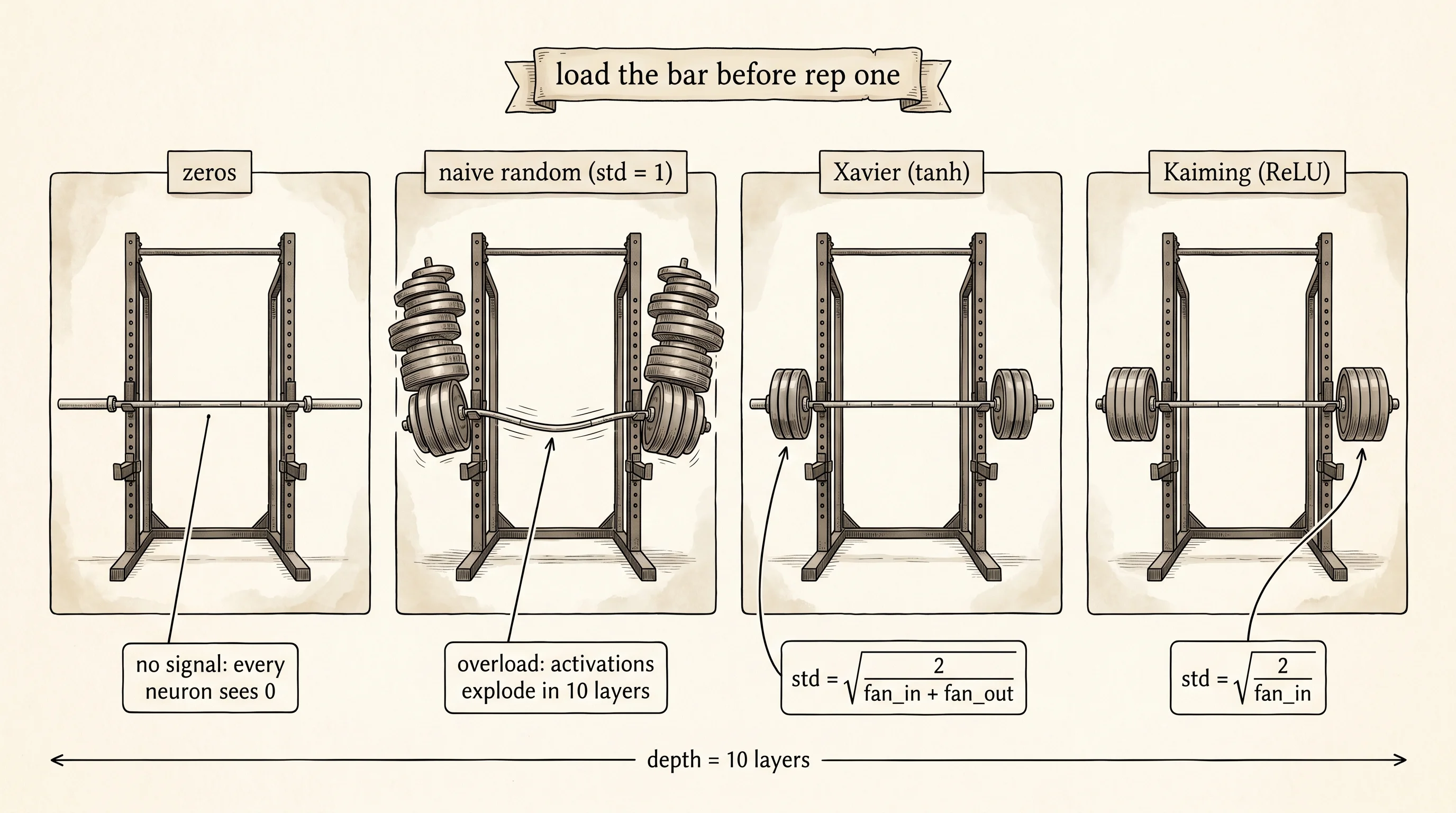 Four barbells loaded four ways: empty bar, way too much, calibrated for tanh, calibrated for ReLU.