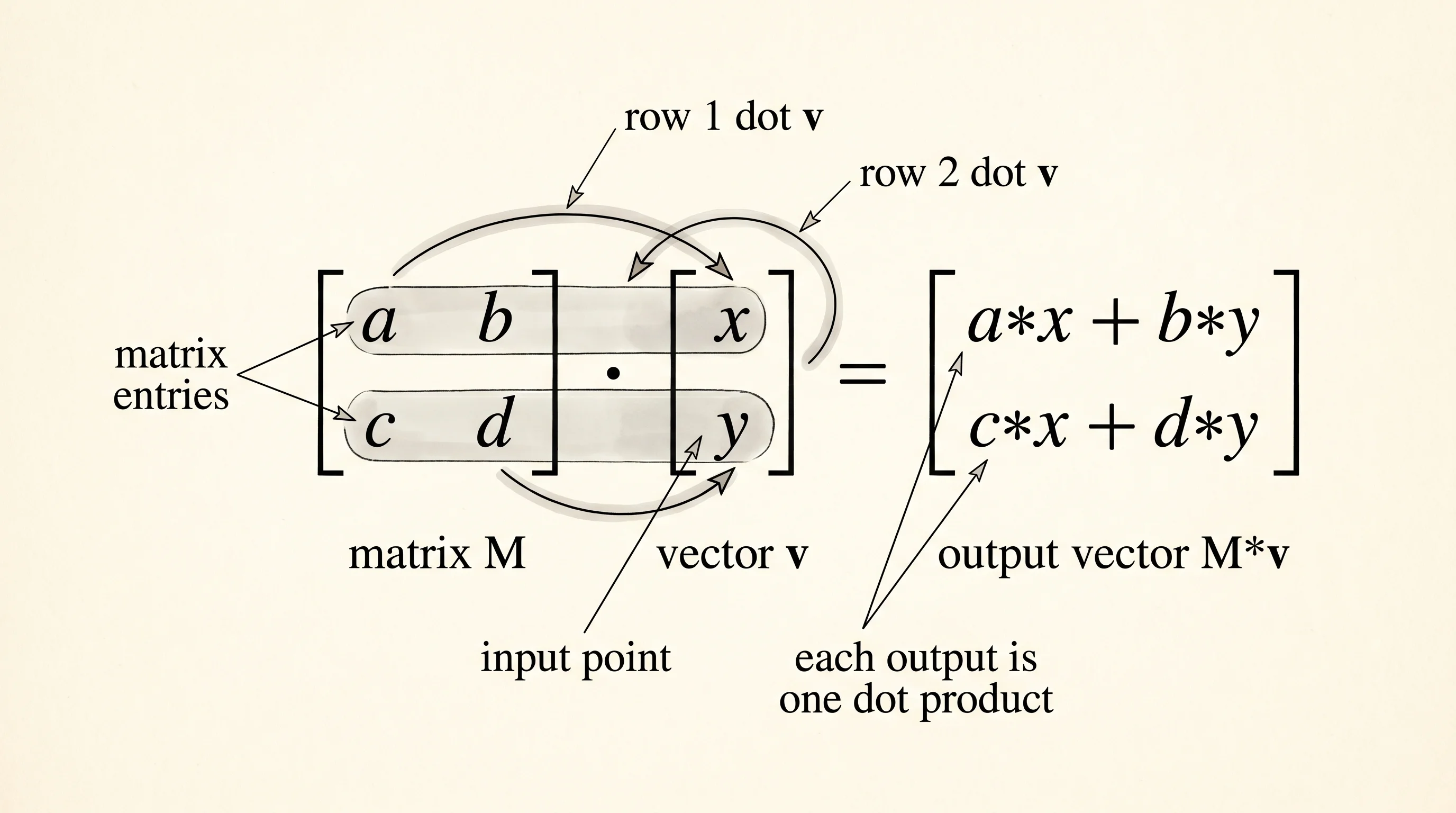A 2x2 matrix acting on a 2D vector: each output entry is one row of the matrix dotted with the vector.