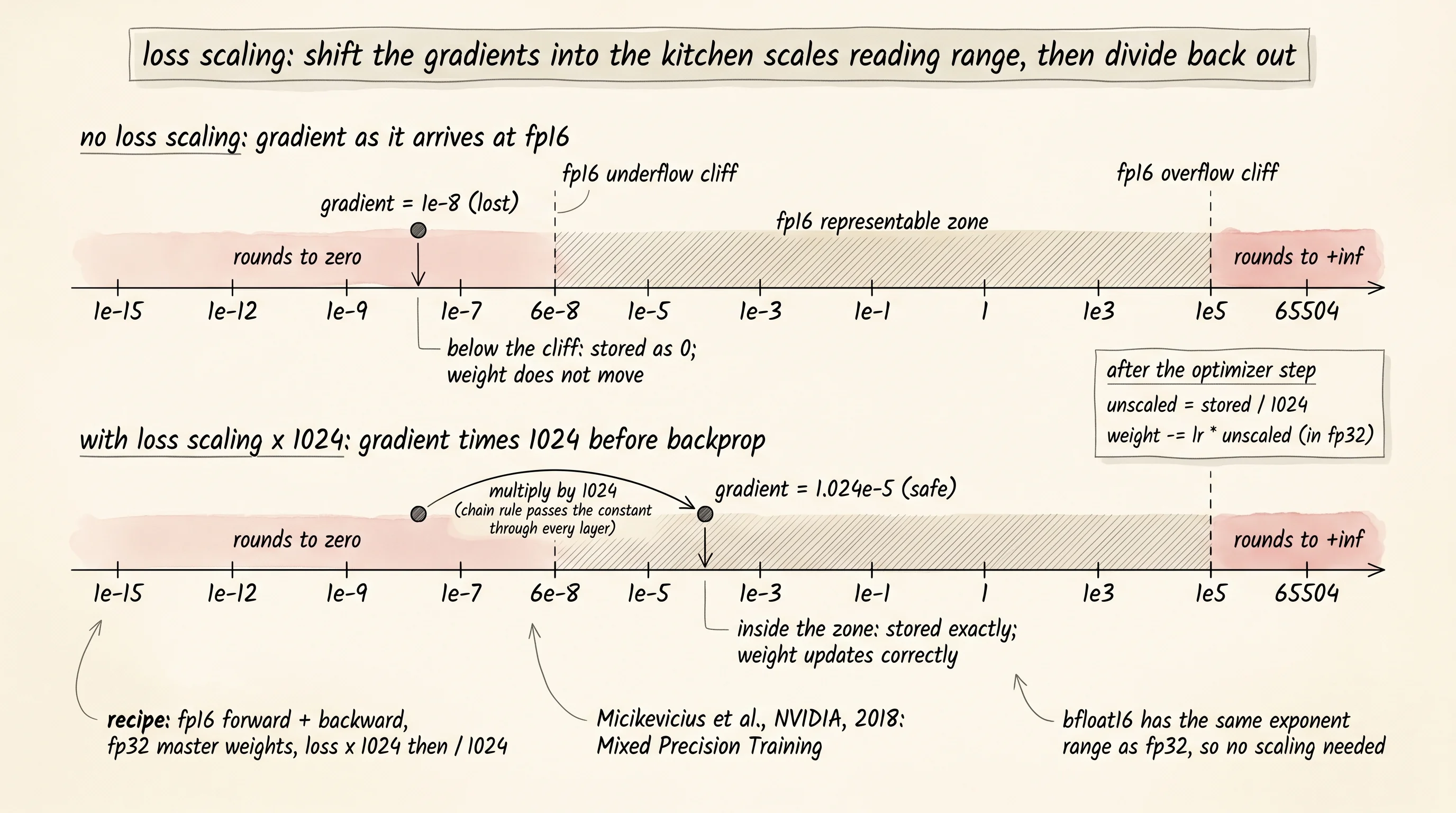A horizontal number line of fp16's representable range. Without loss scaling, a tiny gradient sits below the cliff and rounds to zero. Multiplying the loss by 1024 before backprop slides the same gradient up and across the cliff into the safe zone.