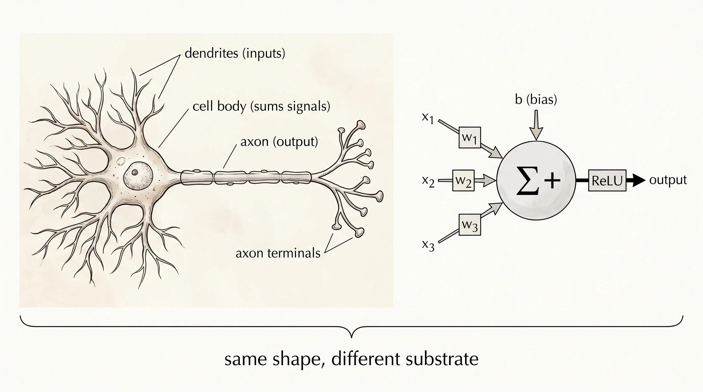 A biological neuron next to its artificial twin: dendrites become weights, the cell body becomes the sum and bias, the axon becomes the output.