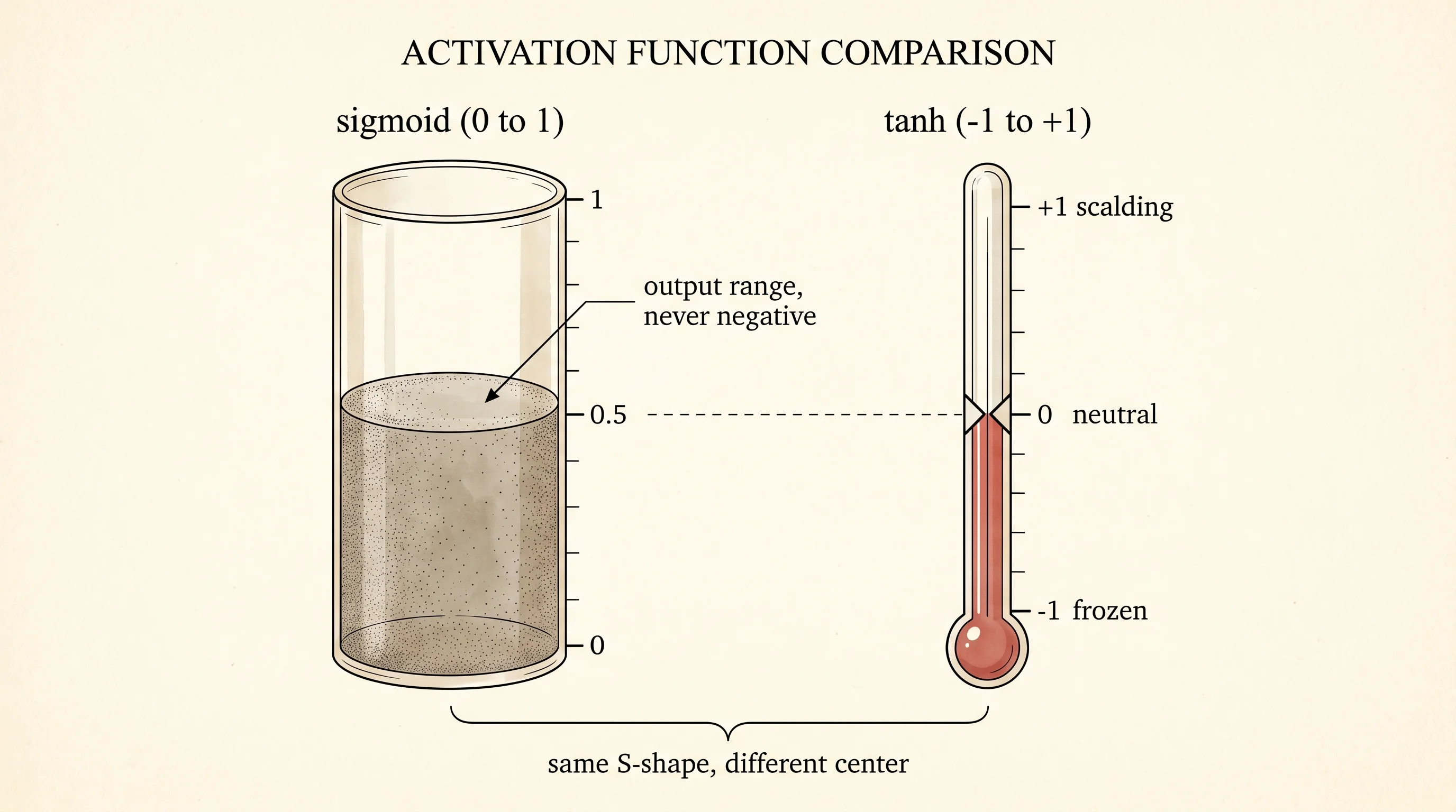 Sigmoid reads a petri dish (always positive). Tanh reads a thermometer (frozen through neutral to scalding).