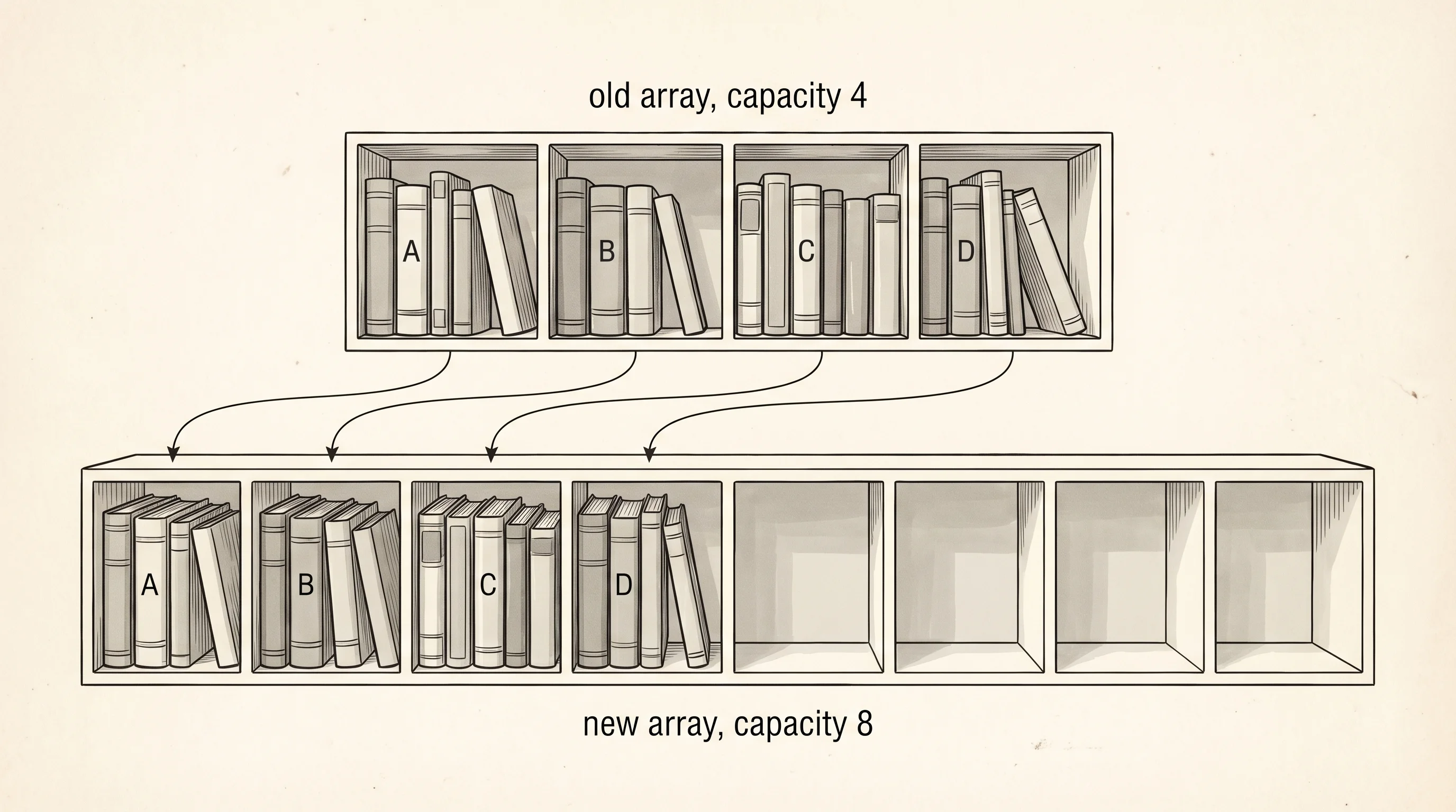 Resizing an array: the old four-shelf wing is copied into a new eight-shelf wing.