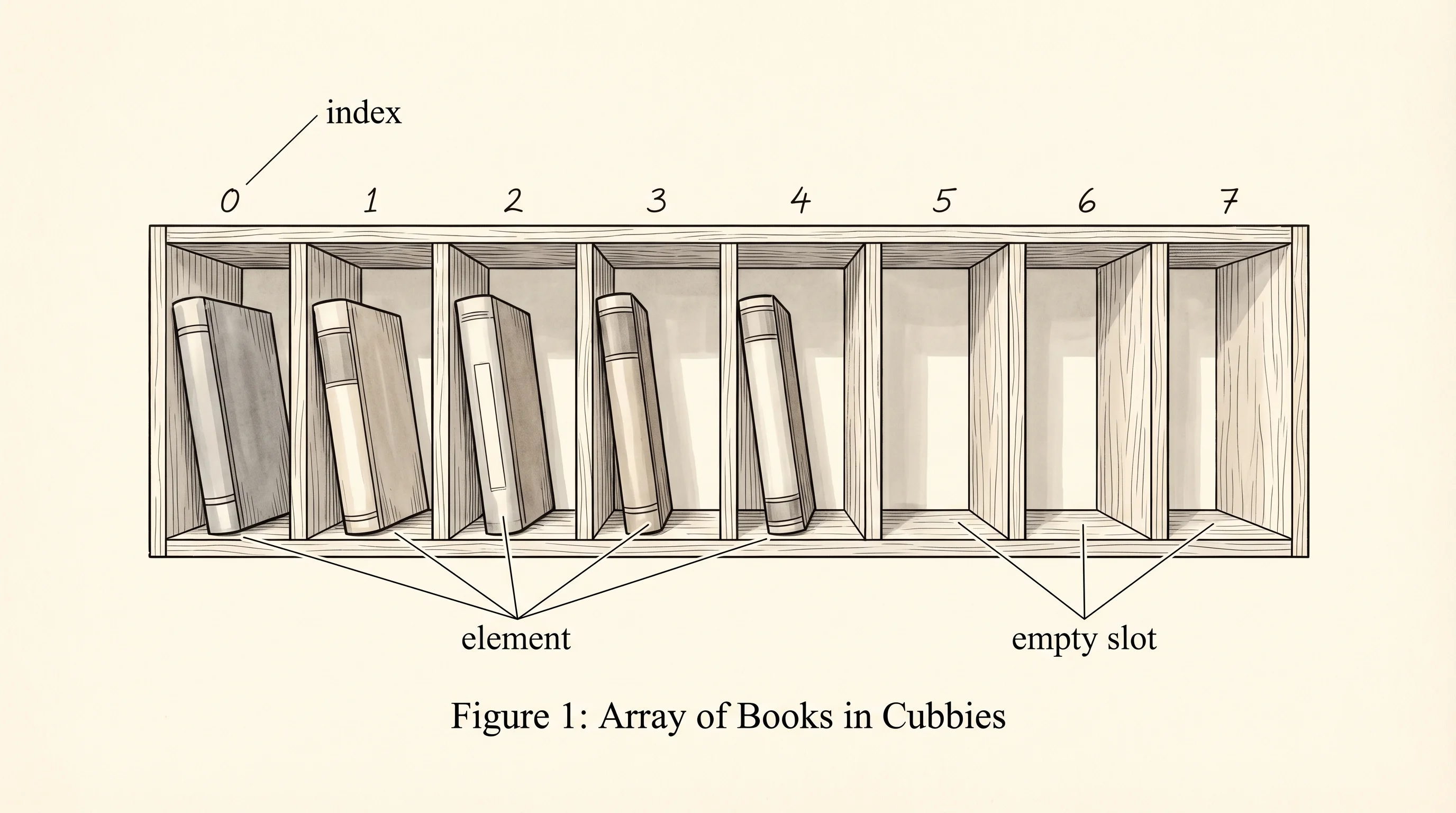 An array drawn as a row of numbered shelves, each holding one book.