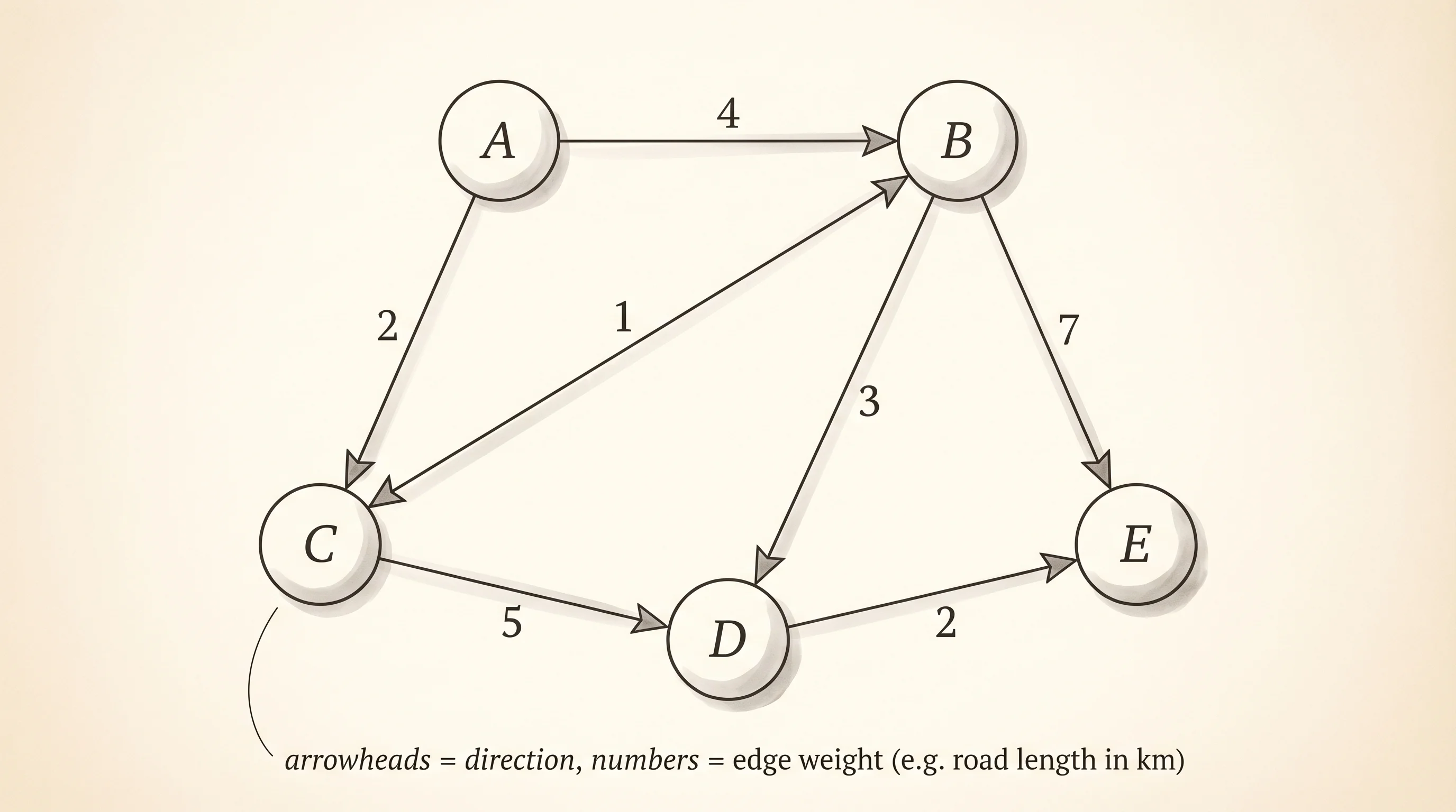 A directed weighted graph: arrows show one-way edges, each labeled with a road distance.