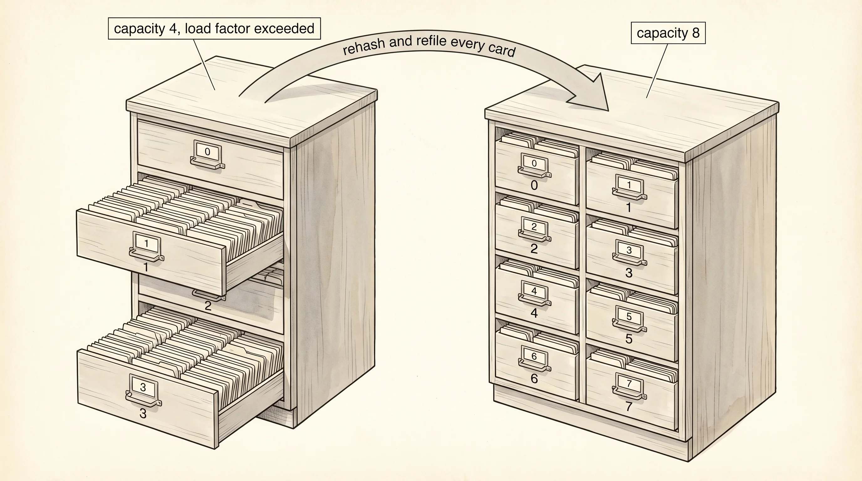 Resizing the catalog: a 4-drawer cabinet rebuilt as an 8-drawer cabinet, every card refiled.