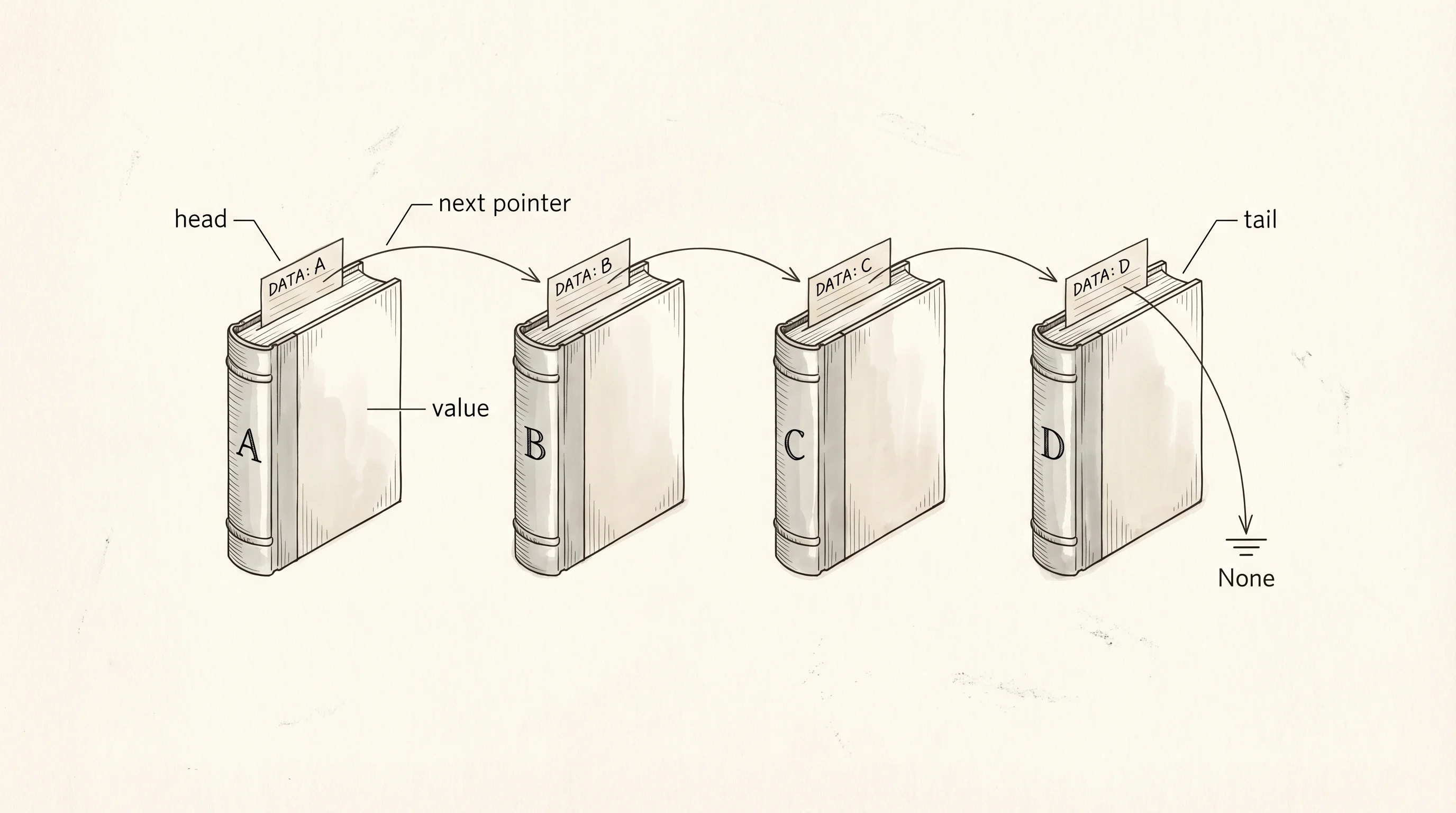 Four nodes drawn as books with index cards pointing to the next book.