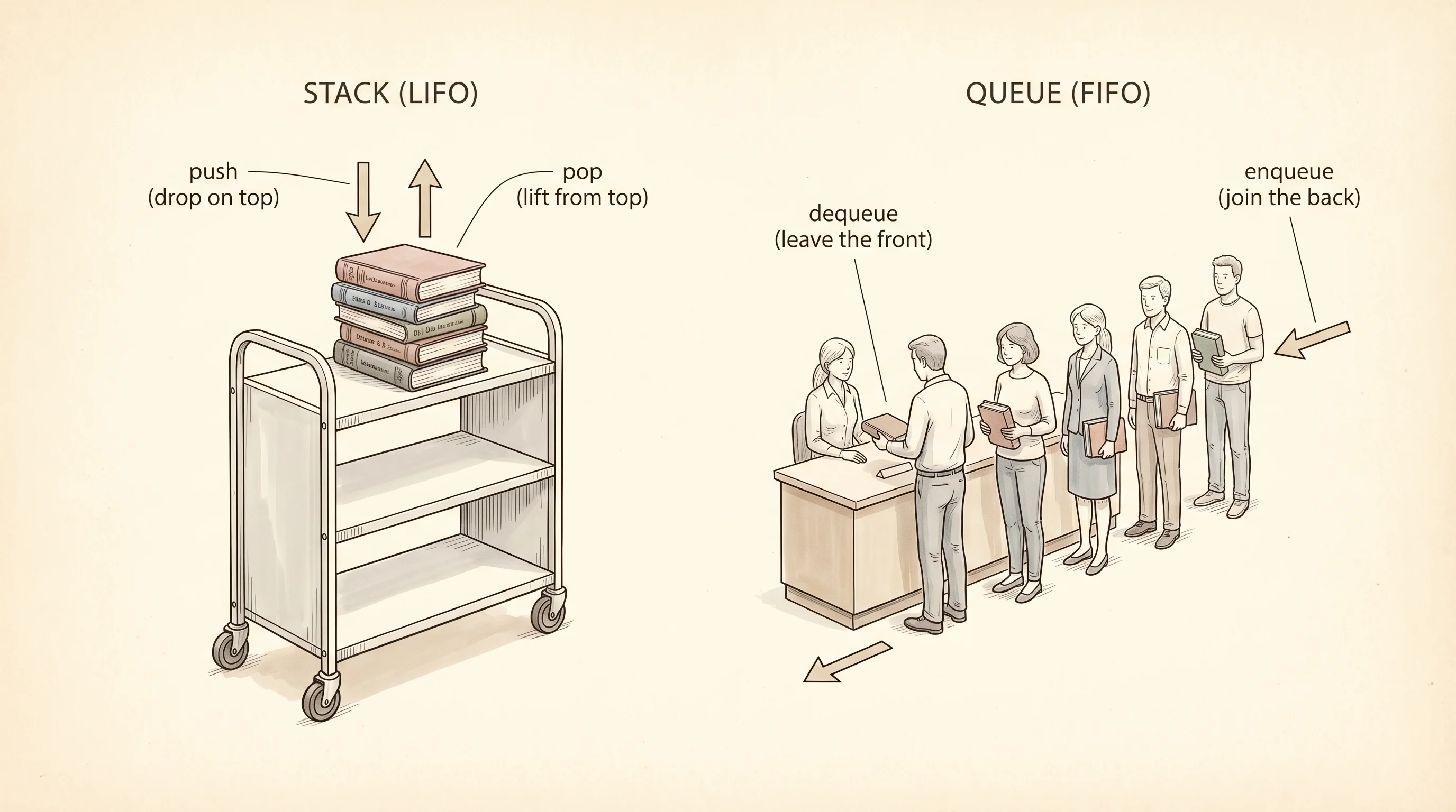 A returns cart and a hold-line at the library: stack on the left, queue on the right.