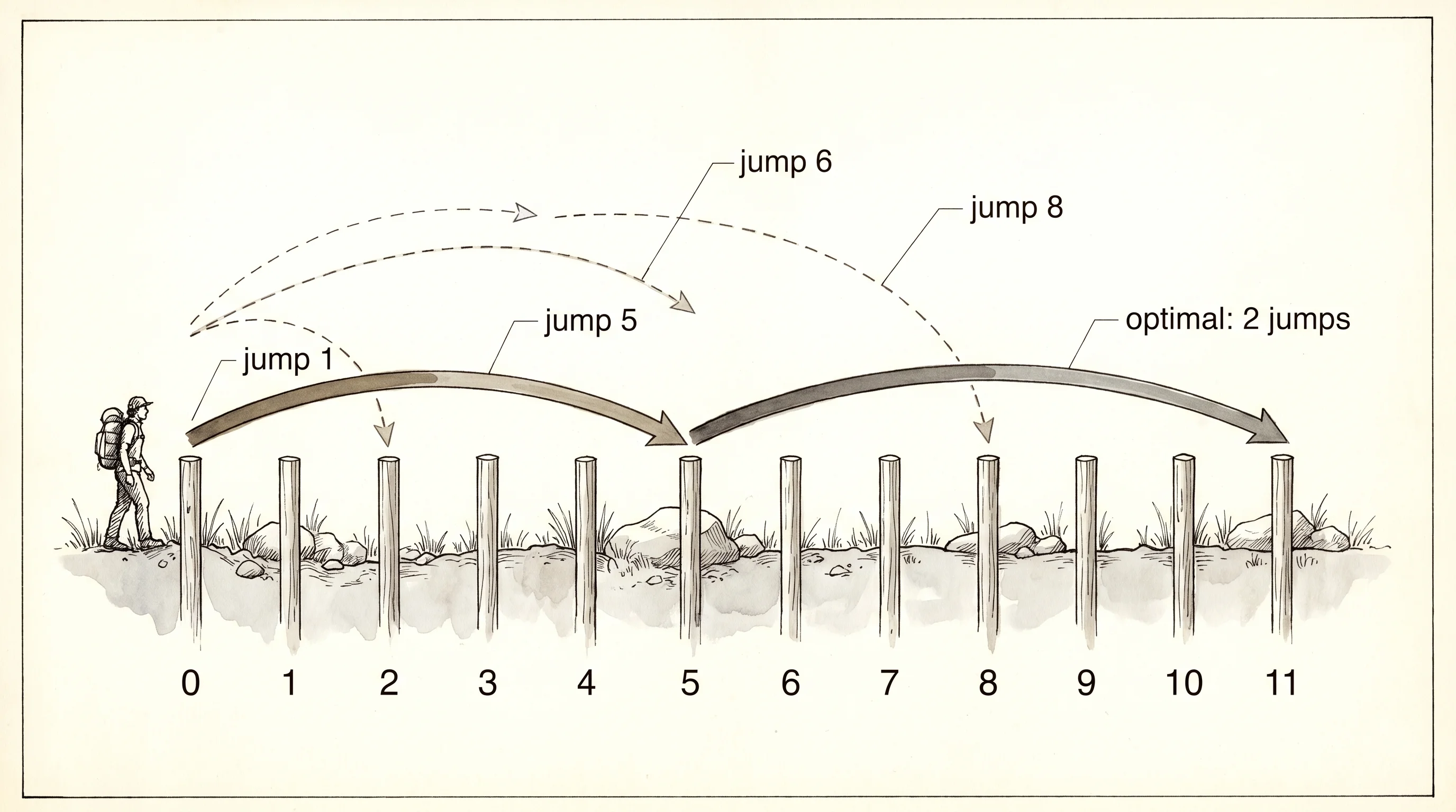 The coin-change problem as a hiking trail with 11 checkpoints and allowed jumps of 1, 5, 6, and 8.