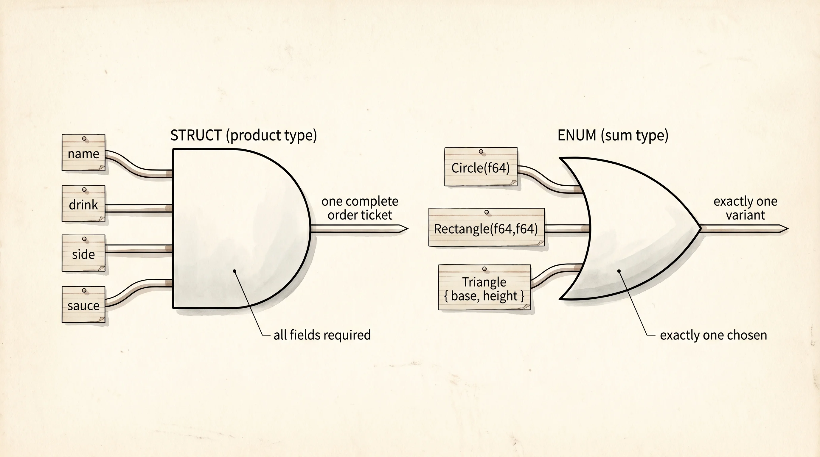 Struct as an AND gate (all fields together), enum as an OR gate (one variant at a time).