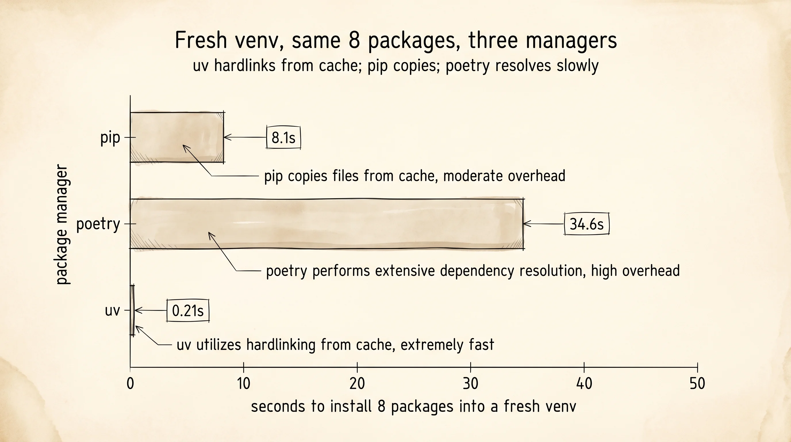 Install times as a bar chart: pip, poetry, uv.