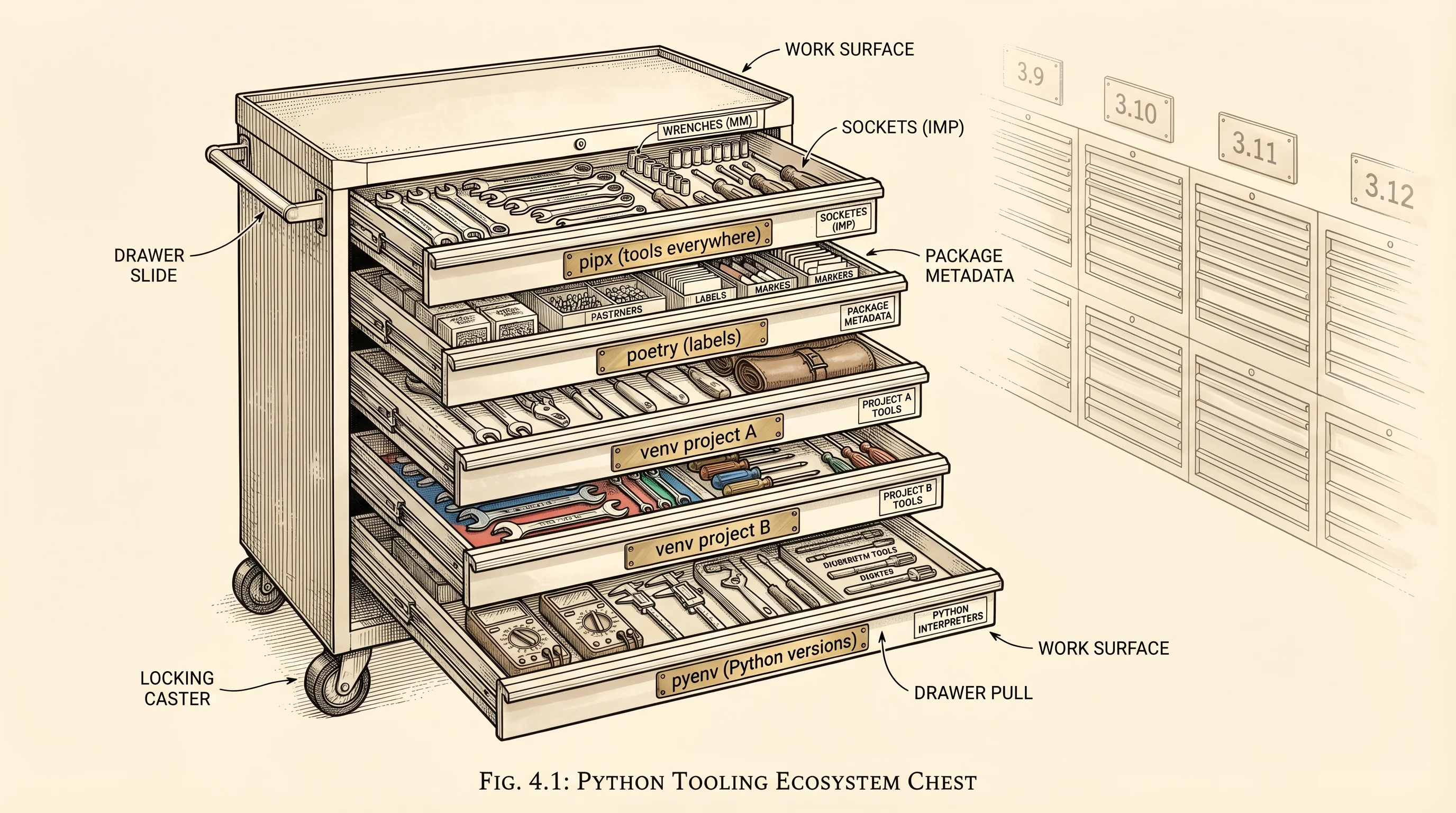 A rolling mechanic's tool chest with each drawer labeled for a different project or Python version.