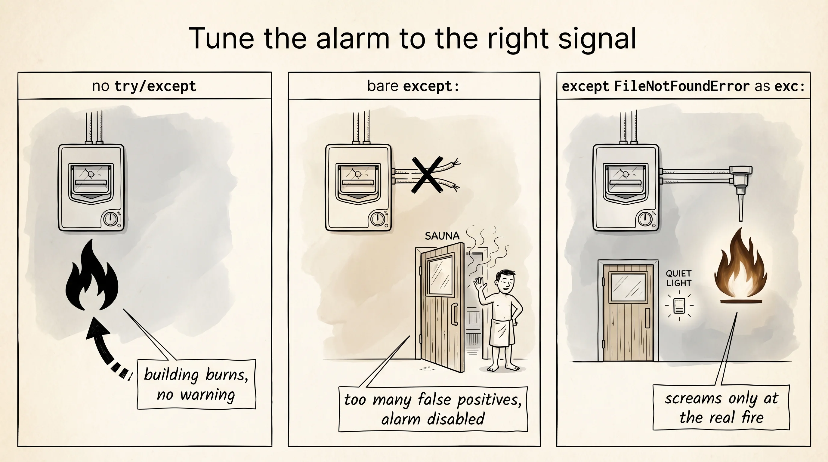 Three alarms, three wirings: catch nothing, catch everything, catch the fire.