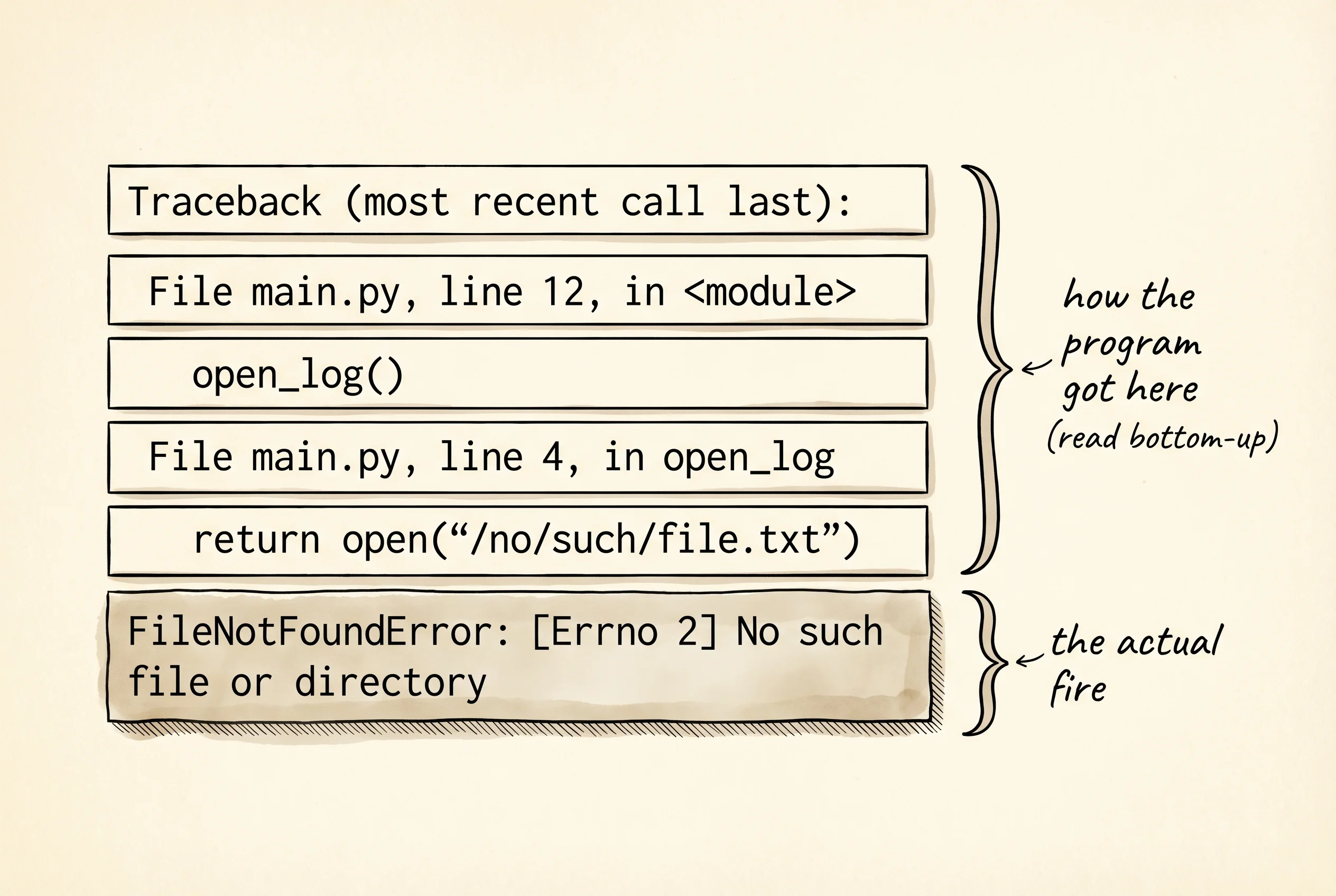 An annotated traceback: read it bottom-up; the last line is the actual fire.