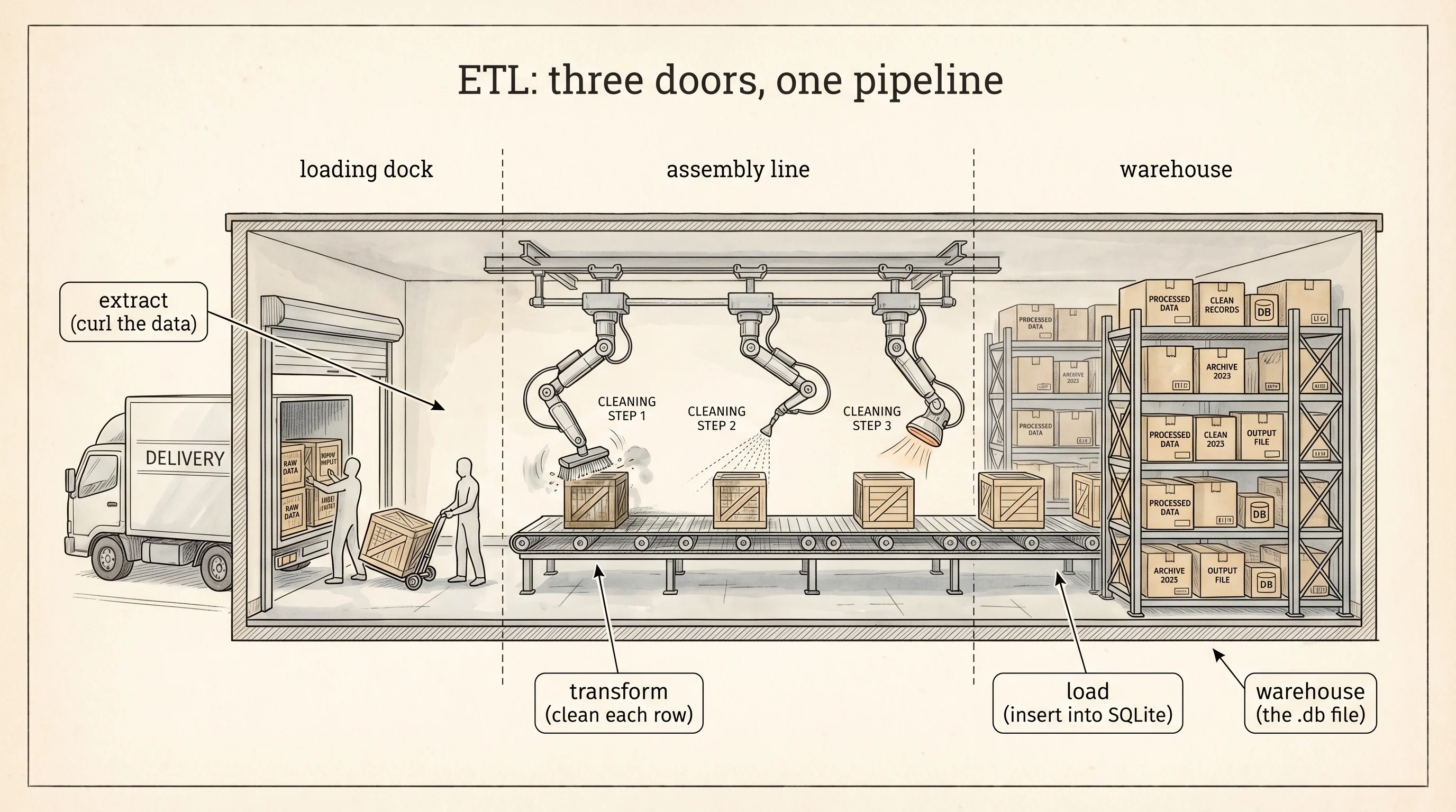 A factory with three doors: loading dock (extract), assembly line (transform), warehouse (load).