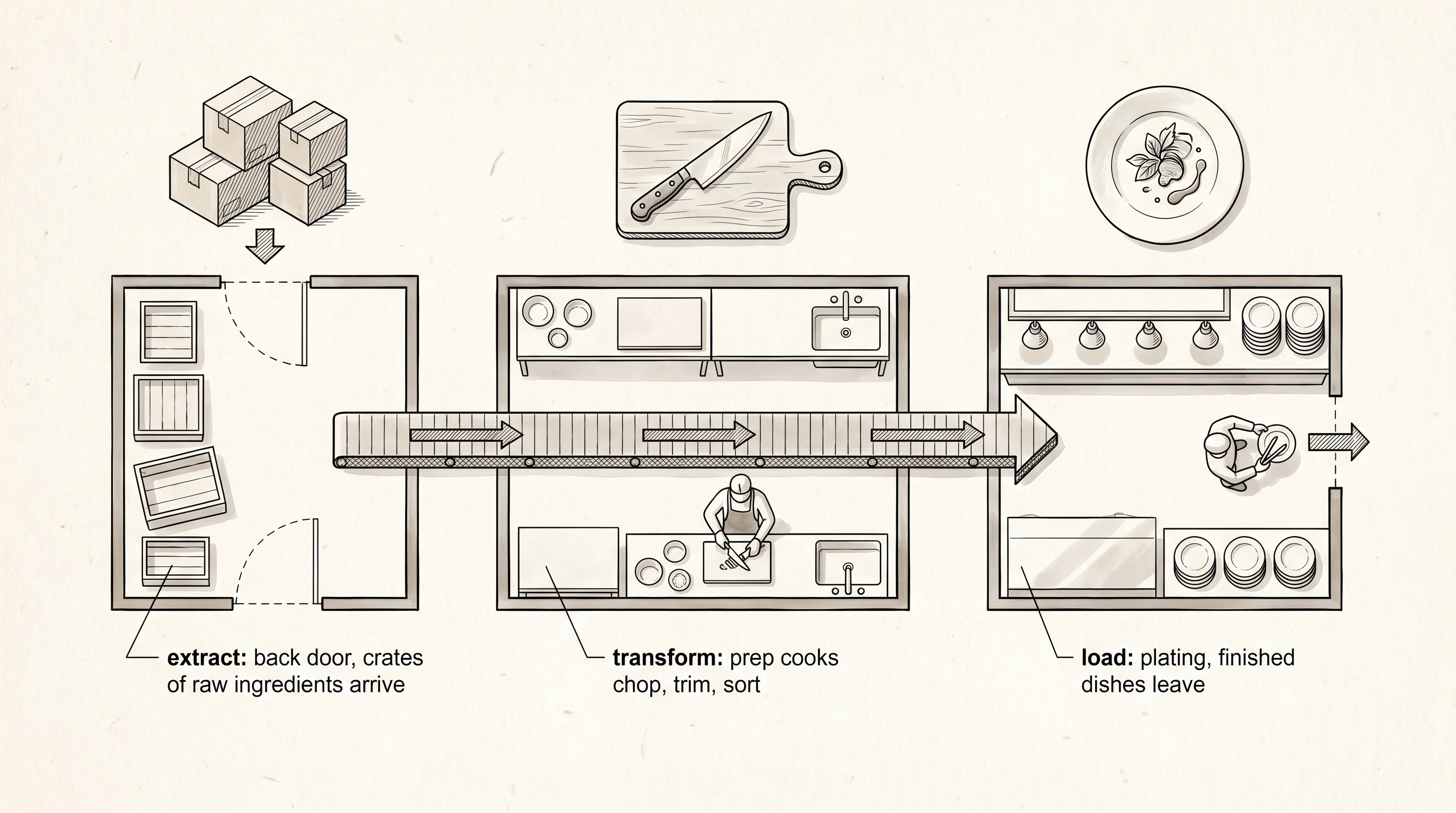 The three stations of an ETL pipeline laid out left to right like a restaurant kitchen line.