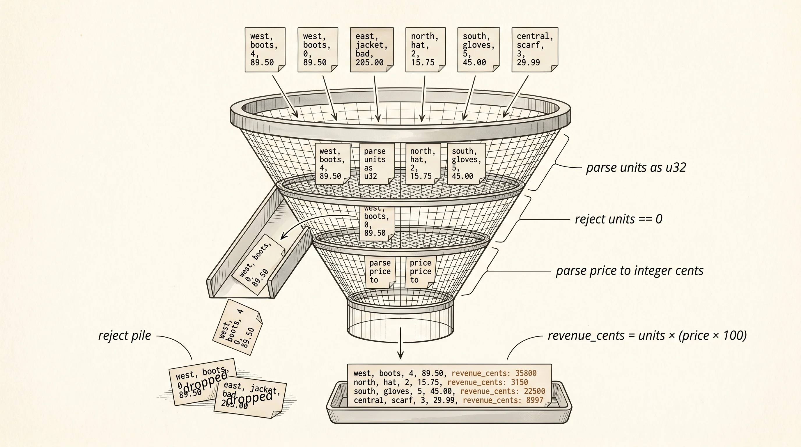 Bad rows getting dropped while good rows get typed and enriched with a derived revenue field.
