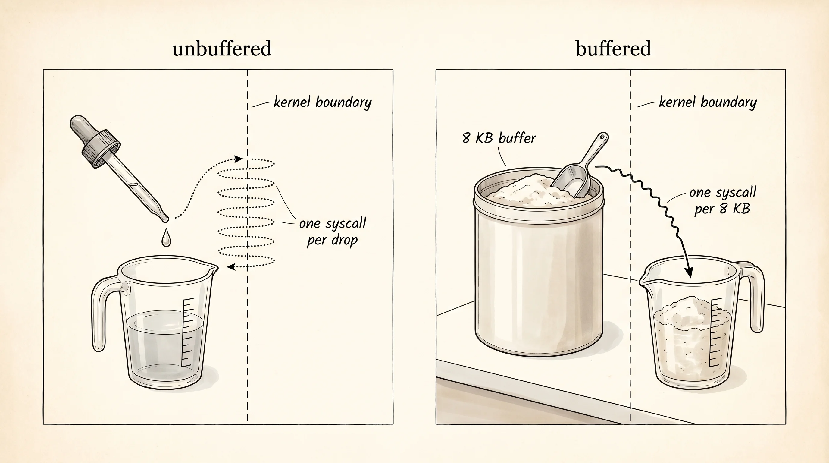 Unbuffered reads cross the kernel for every drop; buffered reads grab a canister and pour from the counter.