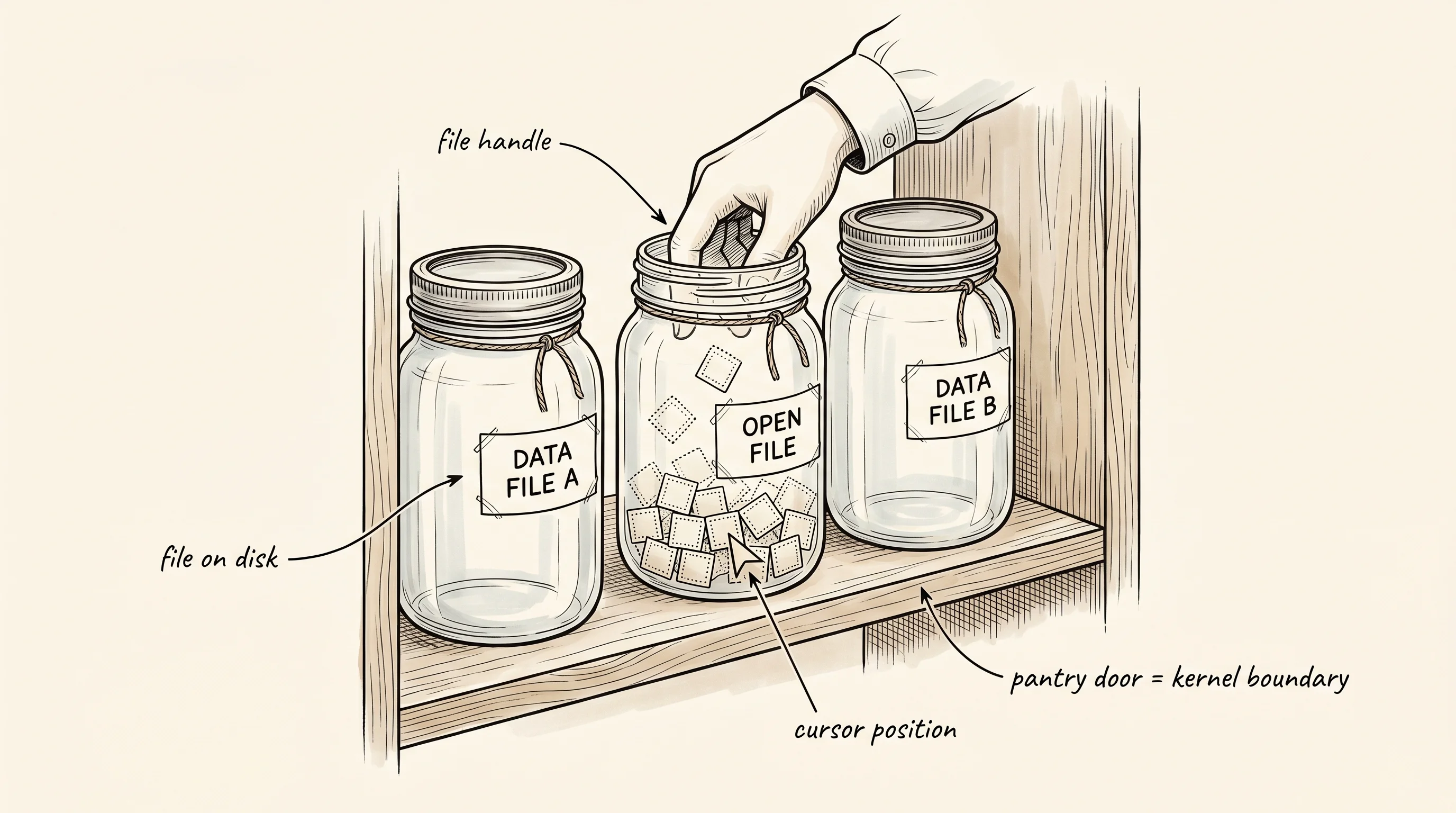 A file handle as a hand reaching into a labeled jar on a pantry shelf, holding a cursor that points to the next byte.