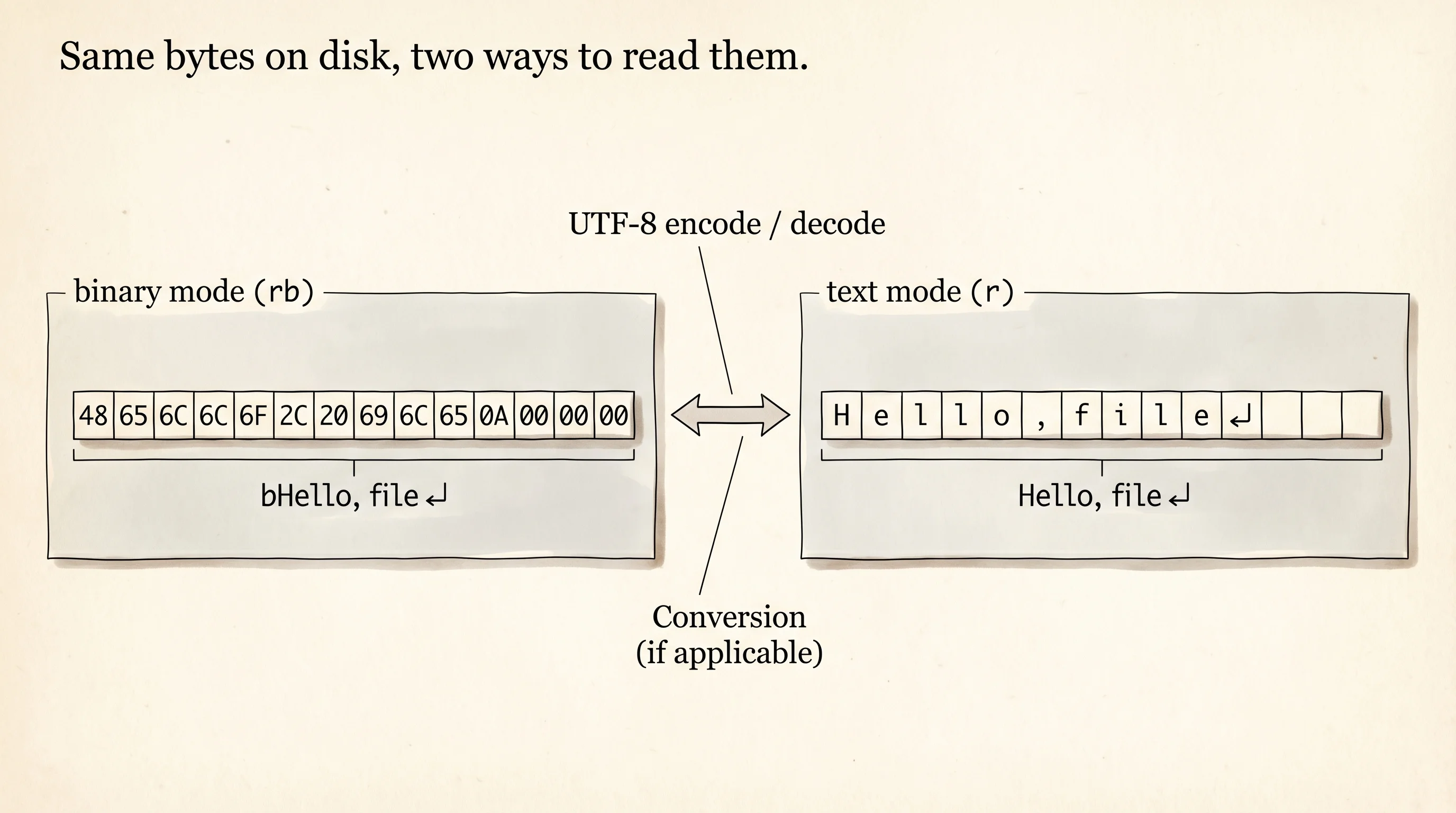 The same file in two modes: raw bytes on the left, decoded UTF-8 text on the right.