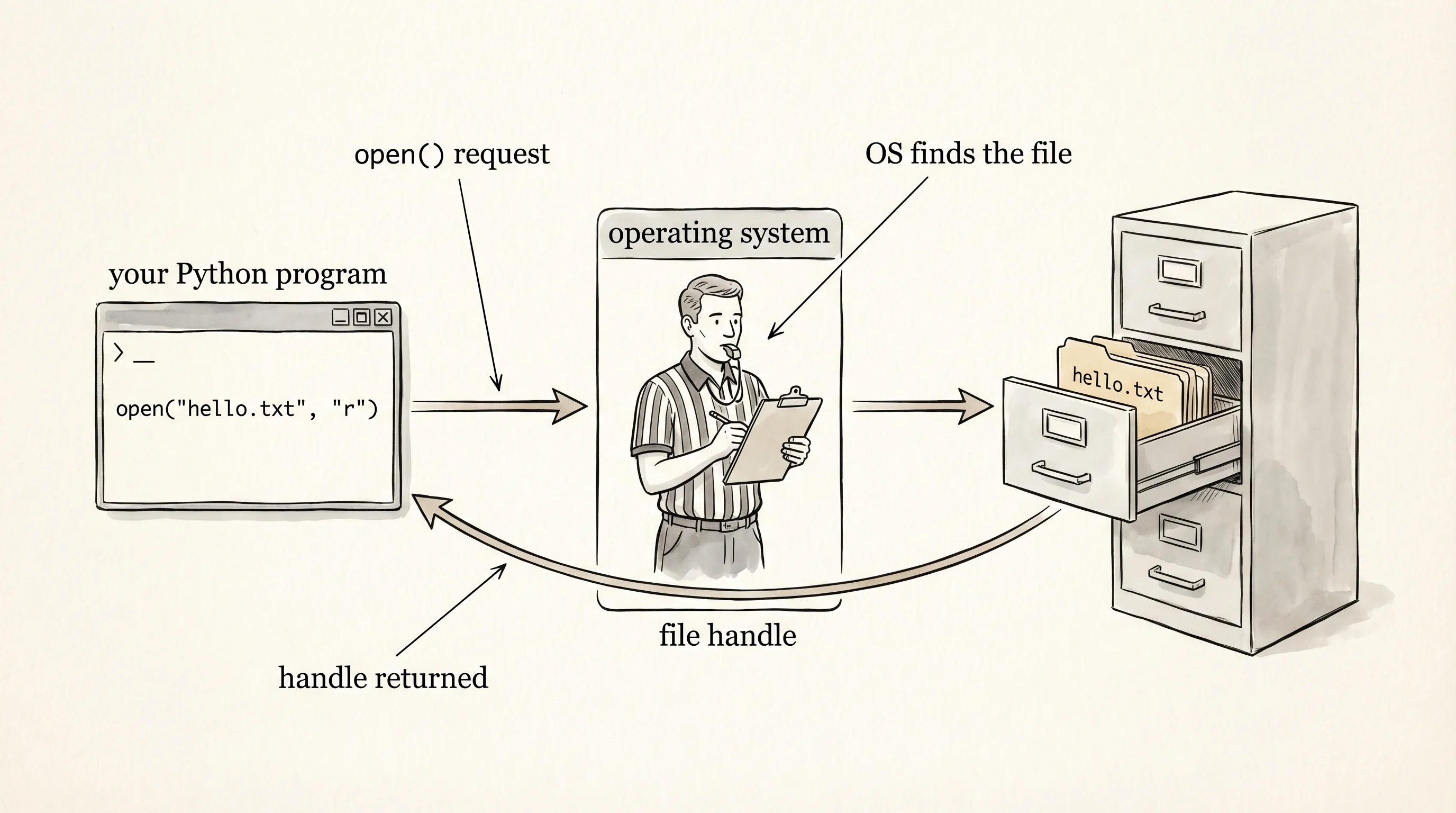 Your program asks the OS for a file; the OS reaches into the drive and returns a handle.