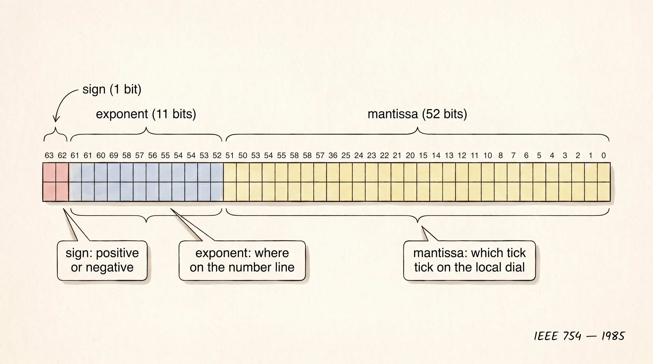 The 64 bits of an IEEE 754 double, split into sign, exponent, and mantissa fields.