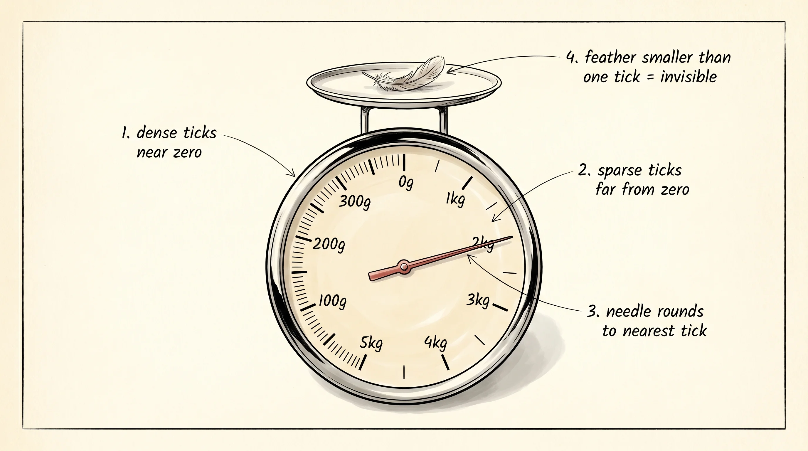 An analog kitchen scale whose dial face has a fixed number of tick marks — every weight rounds to the nearest tick.