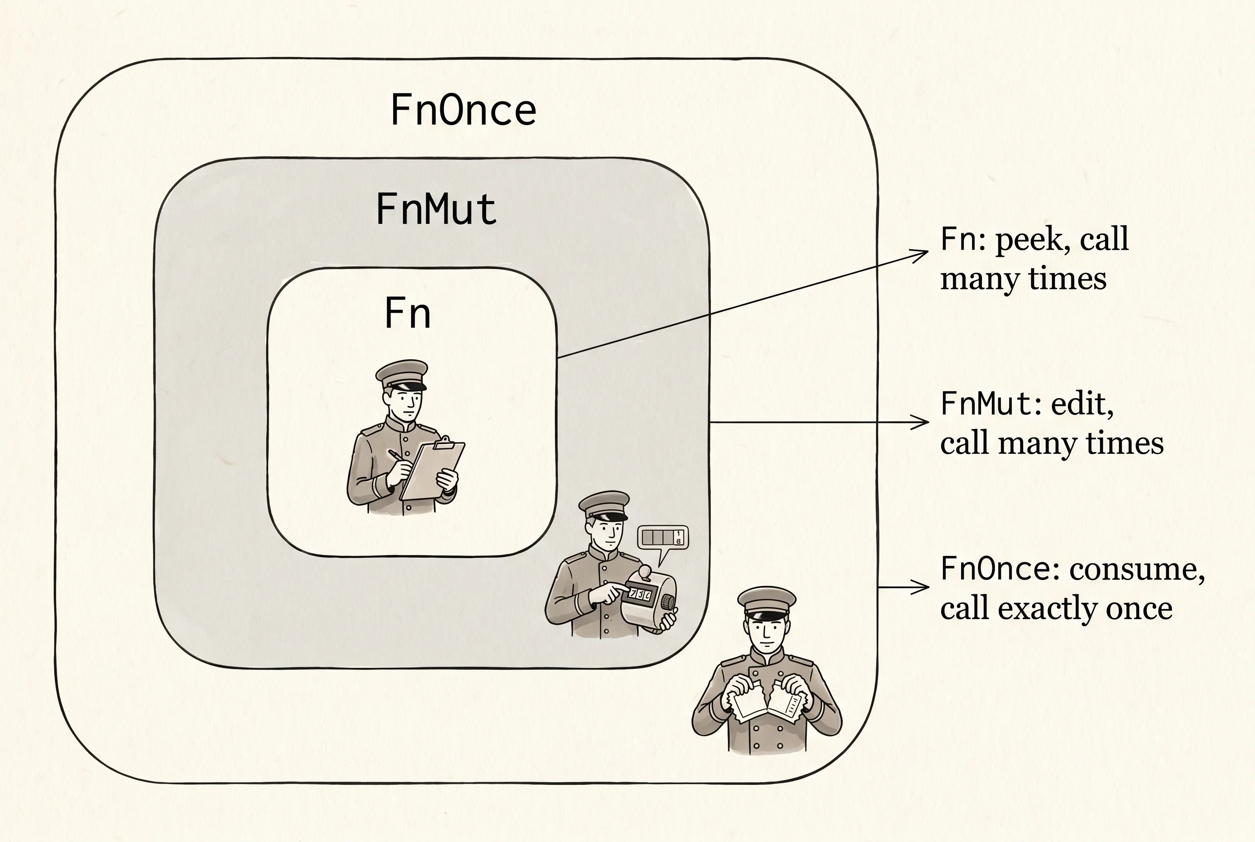 Every Fn is also an FnMut is also an FnOnce — three nested doorman behaviors with one captured value.