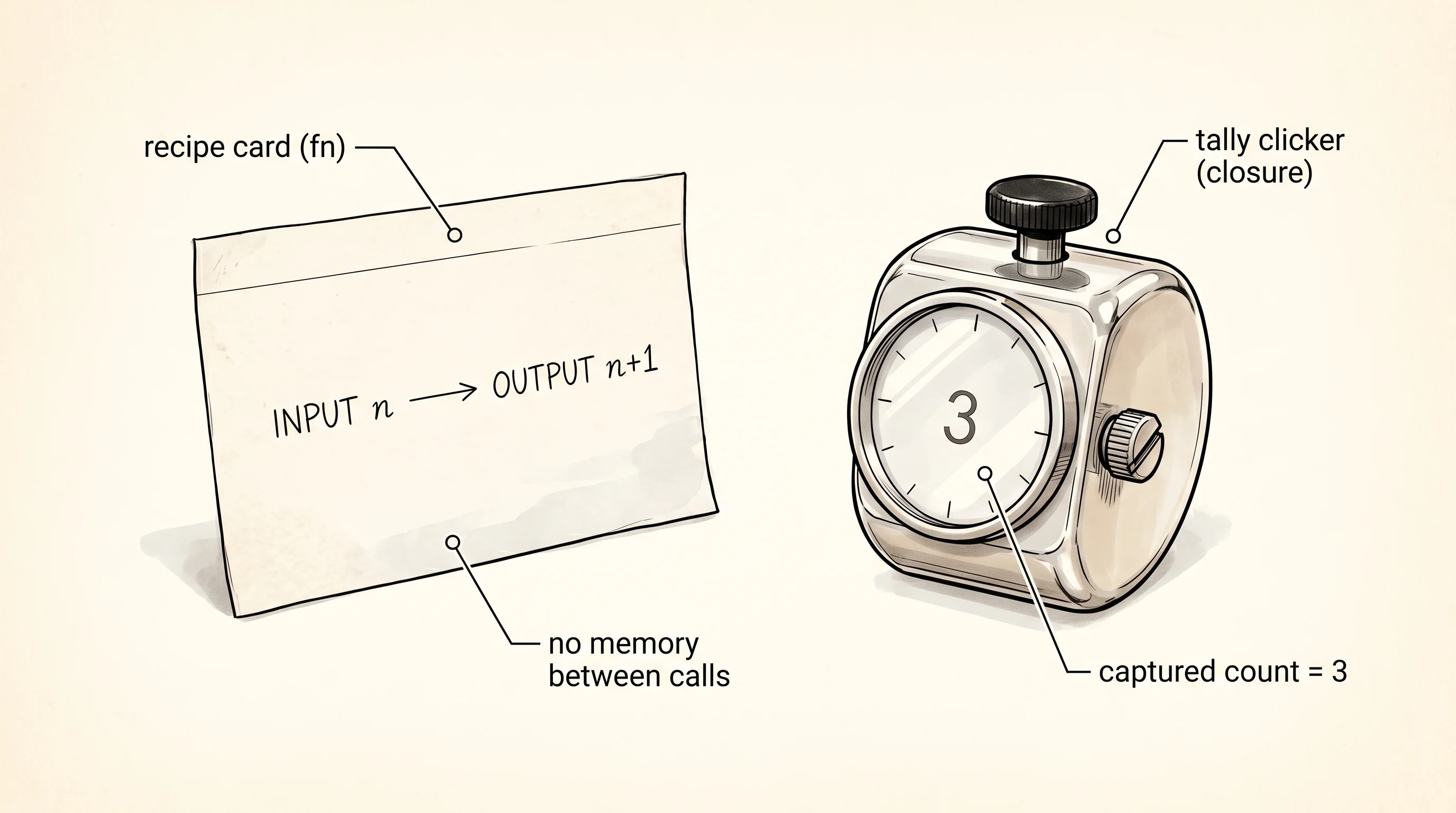 A function is a printed recipe card. A closure is a doorman's tally clicker that remembers its count between presses.