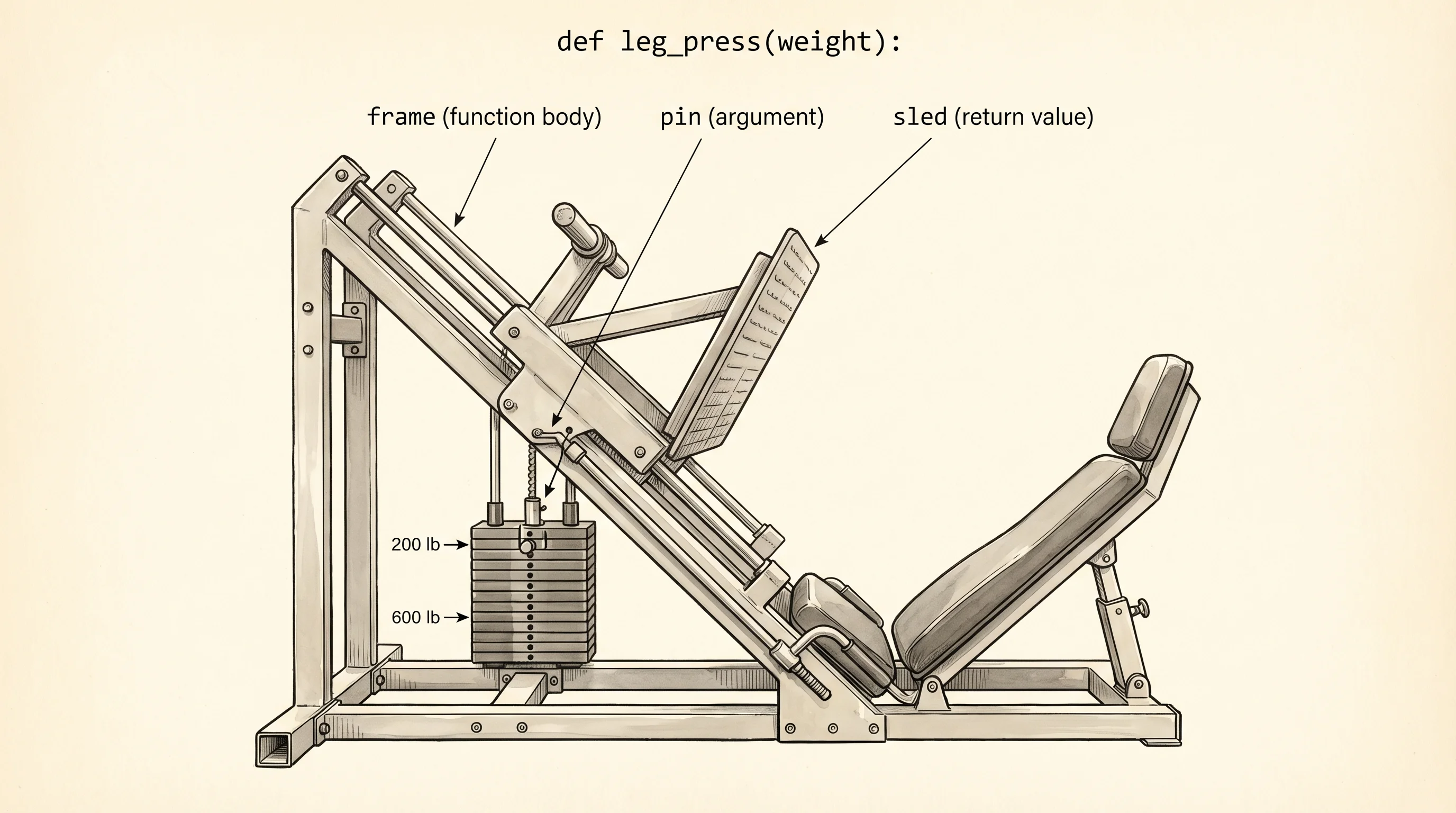 A leg-press machine with two pin positions — same machine, different load.