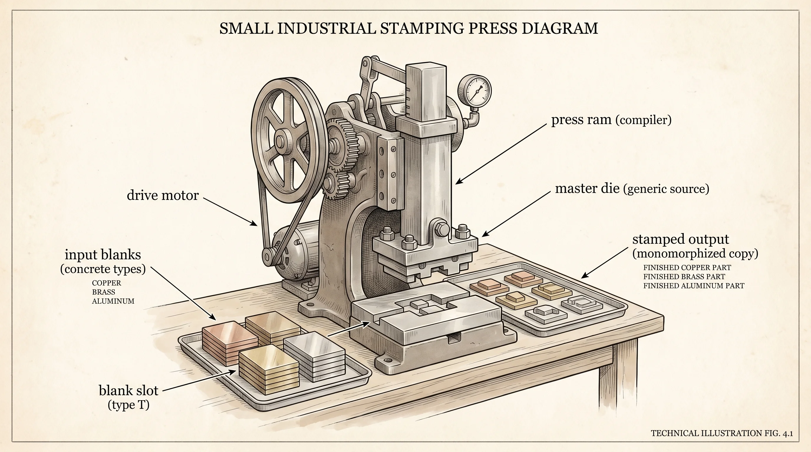 A factory stamping press: one steel die produces a specialized part for each metal blank fed in.