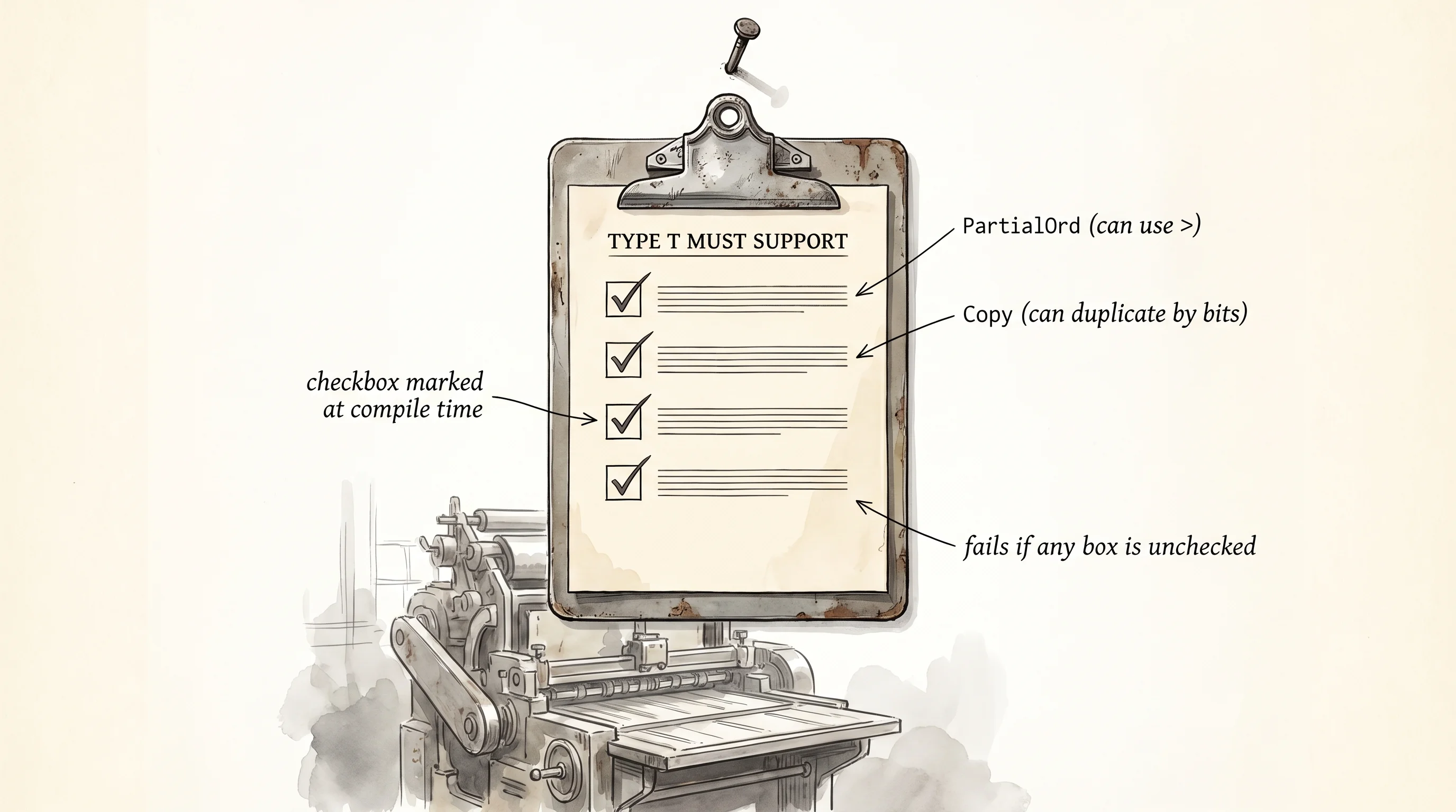 The trait-bounds checklist taped above the press: each operation the body uses must be checked off.