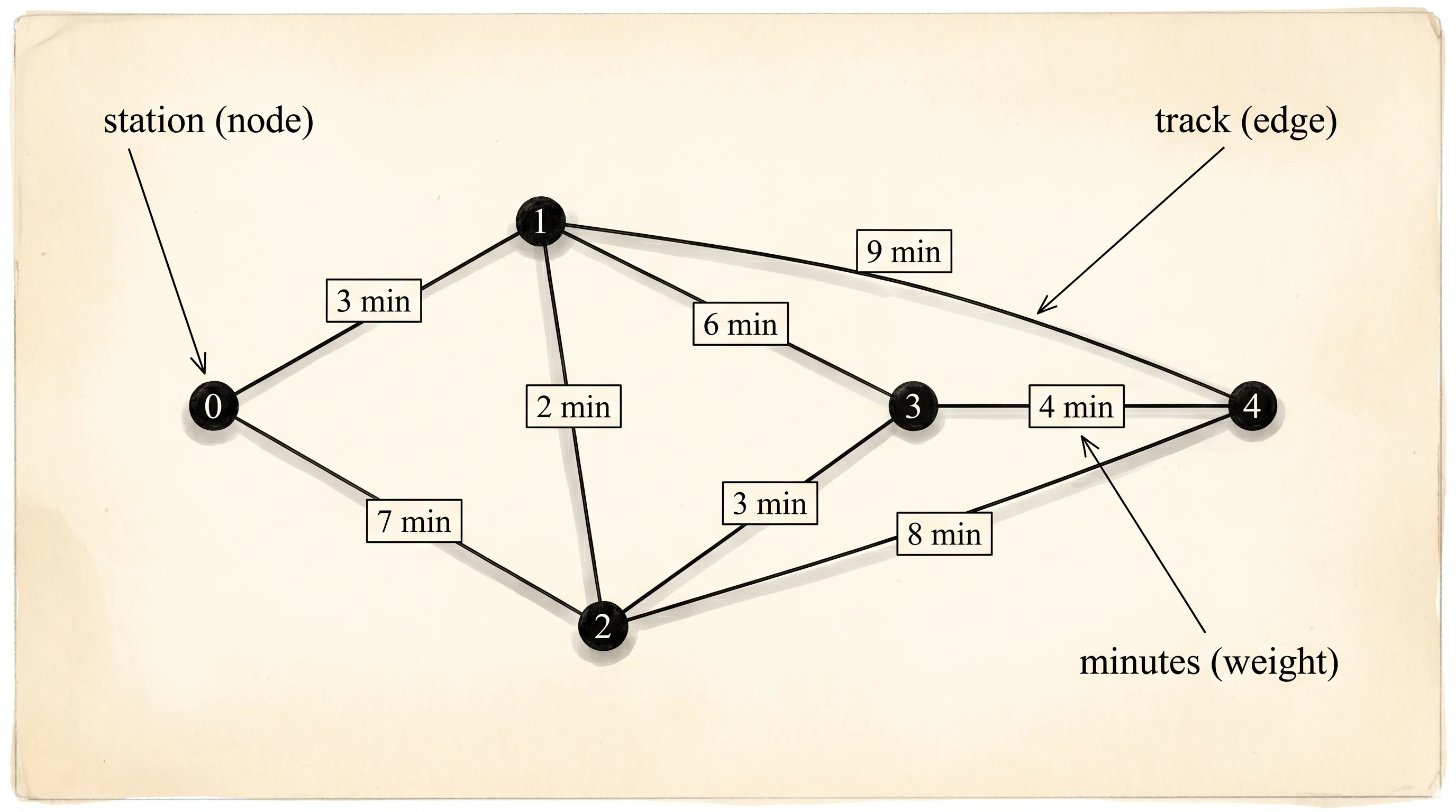 Five subway stations connected by eight tracks; each track is labeled with travel time in minutes.