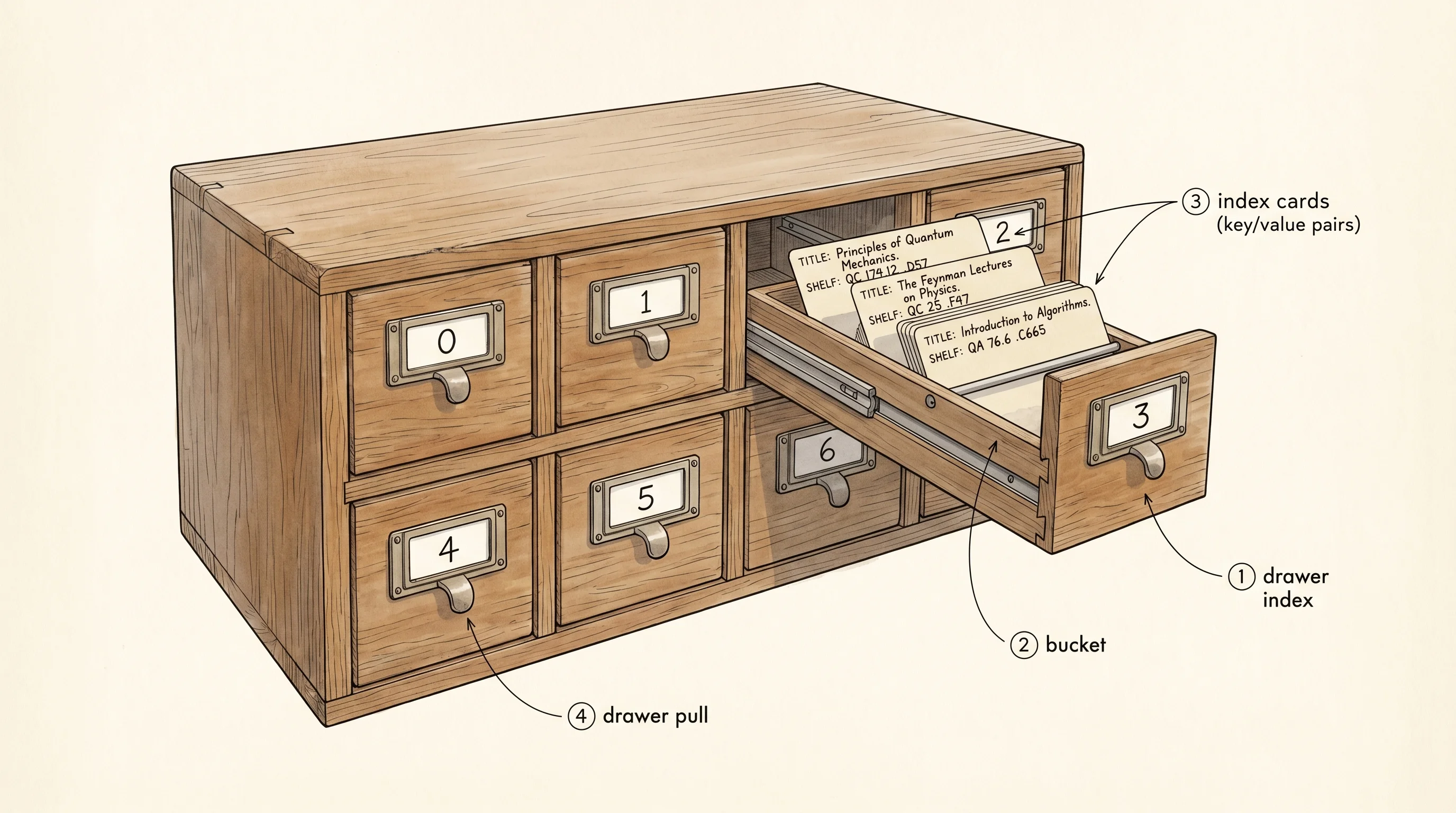 A library card catalog cabinet with eight numbered drawers, each holding a small stack of index cards.